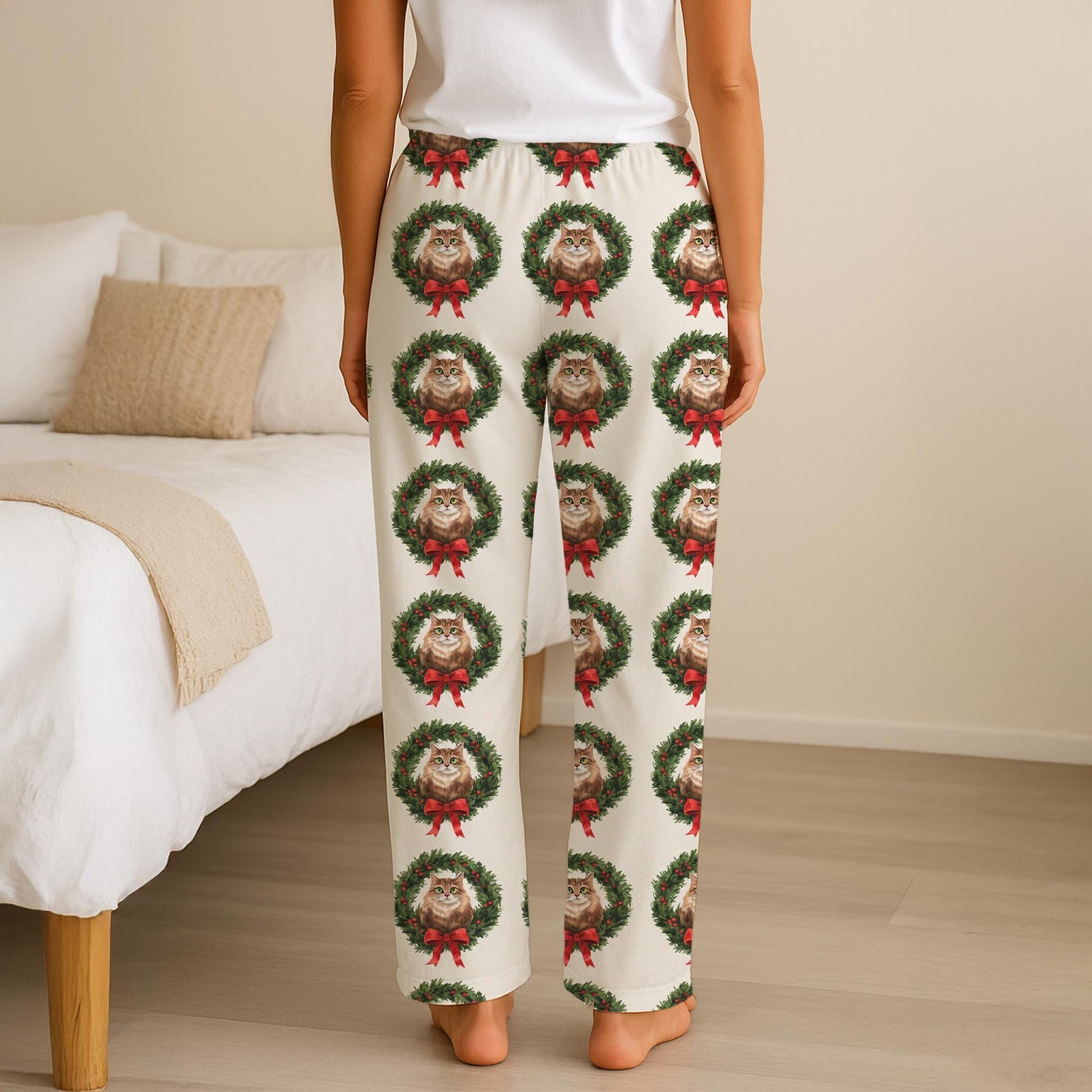Personalized Christmas Pajama Pants: Cat Wreath Print, Holiday Theme, Cream Background image 1