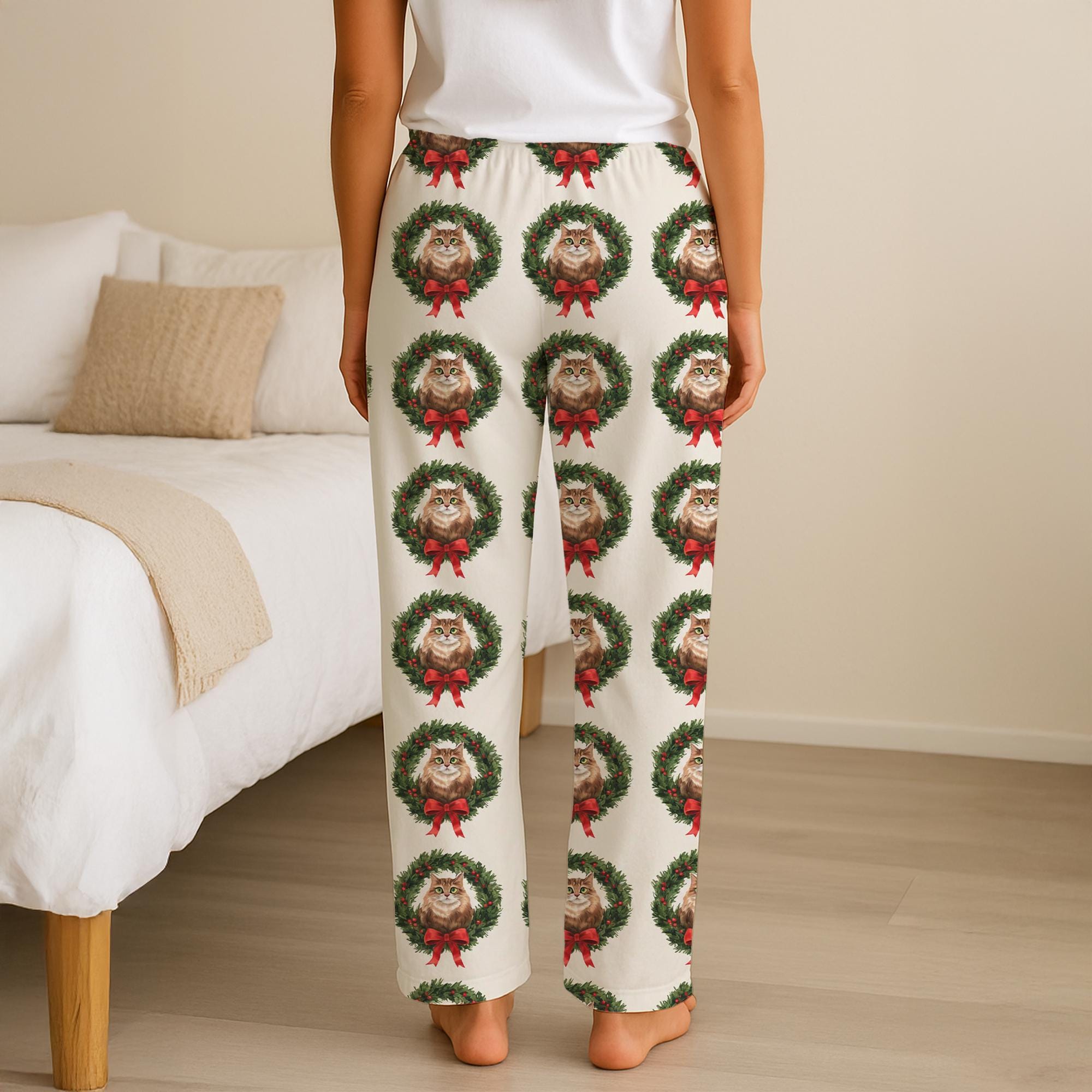 Personalized Christmas Pajama Pants: Cat Wreath Print, Holiday Theme, Cream Background image 1