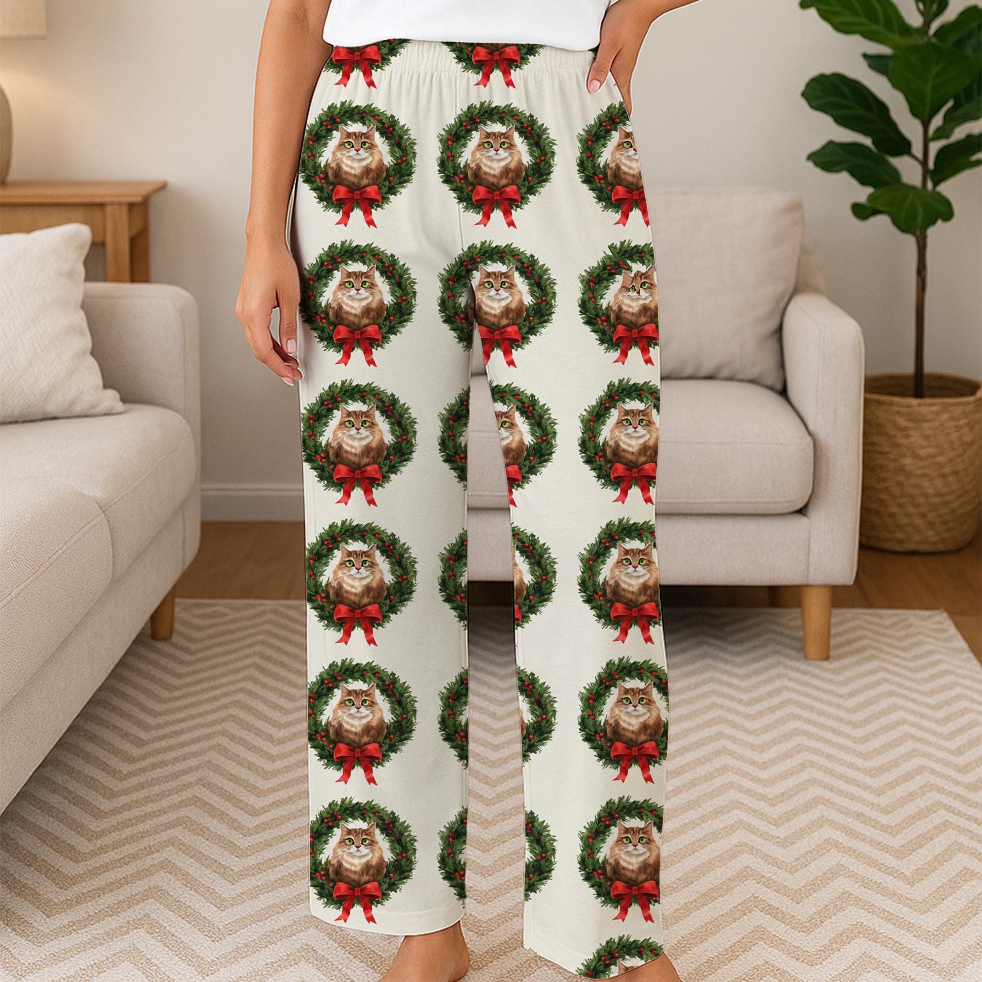 Personalized Christmas Pajama Pants: Cat Wreath Print, Holiday Theme, Cream Background image 4