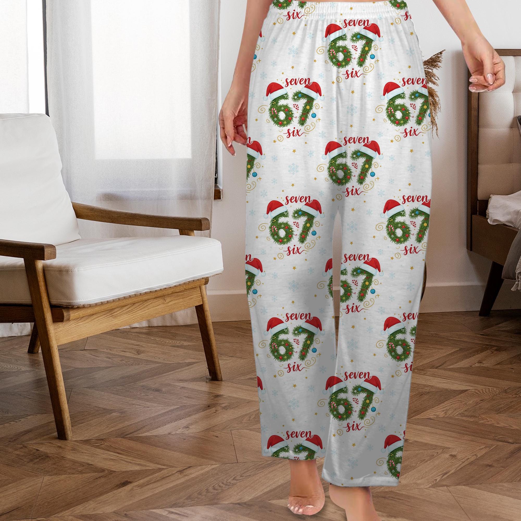 67 Christmas Pajama Pants – Six Seven Number Wreath Print, Snowflake Pattern, 6 7 Holiday image 2
