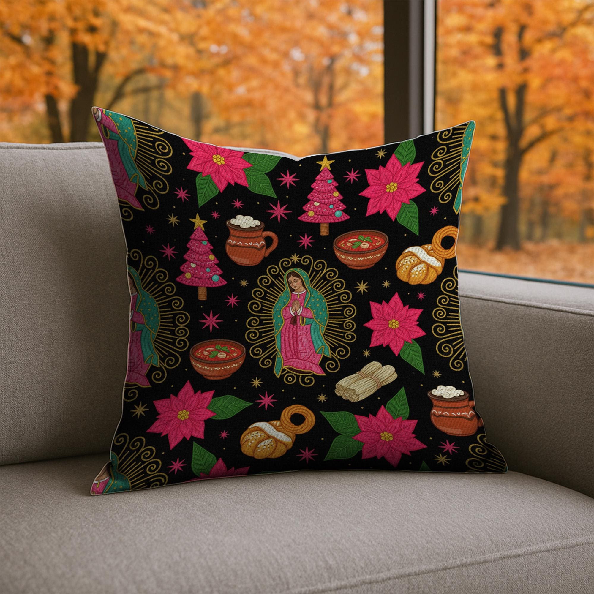 Guadalupe Christmas Pillow, Mexican Holiday Throw Pillow, Poinsettia Pattern Cushion image 2