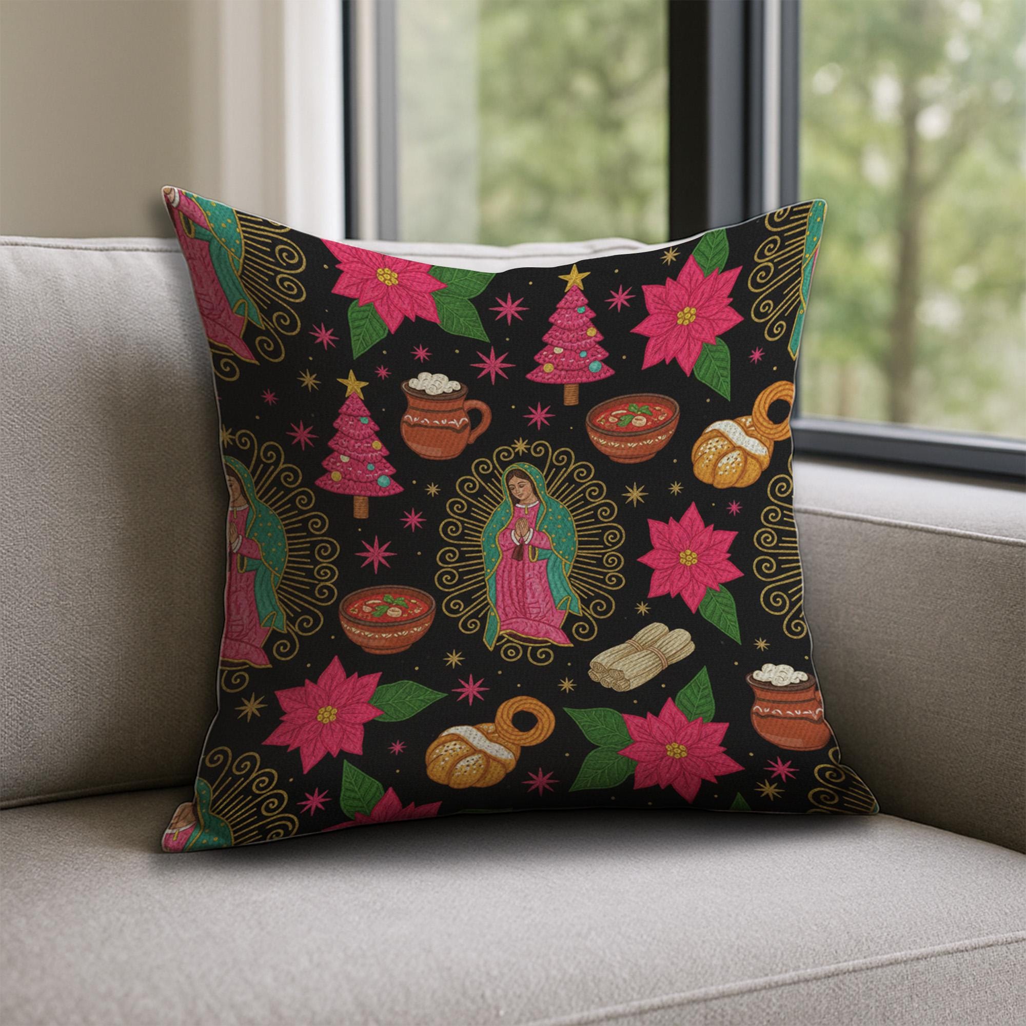 Guadalupe Christmas Pillow, Mexican Holiday Throw Pillow, Poinsettia Pattern Cushion image 1