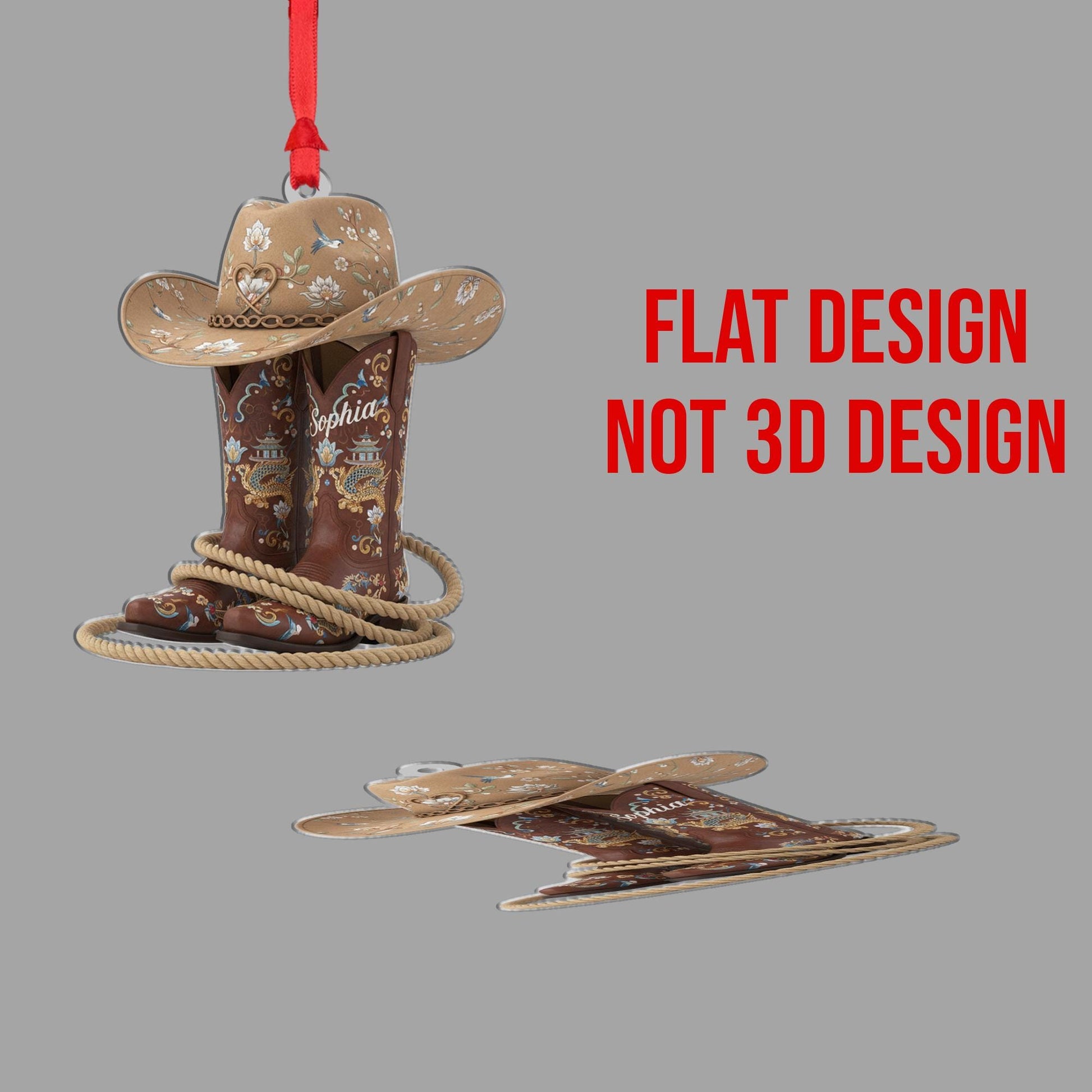 Personalized Cowboy Boot and Hat Ornament: Western Country Style Decoration, Brown Tooled Design image 4