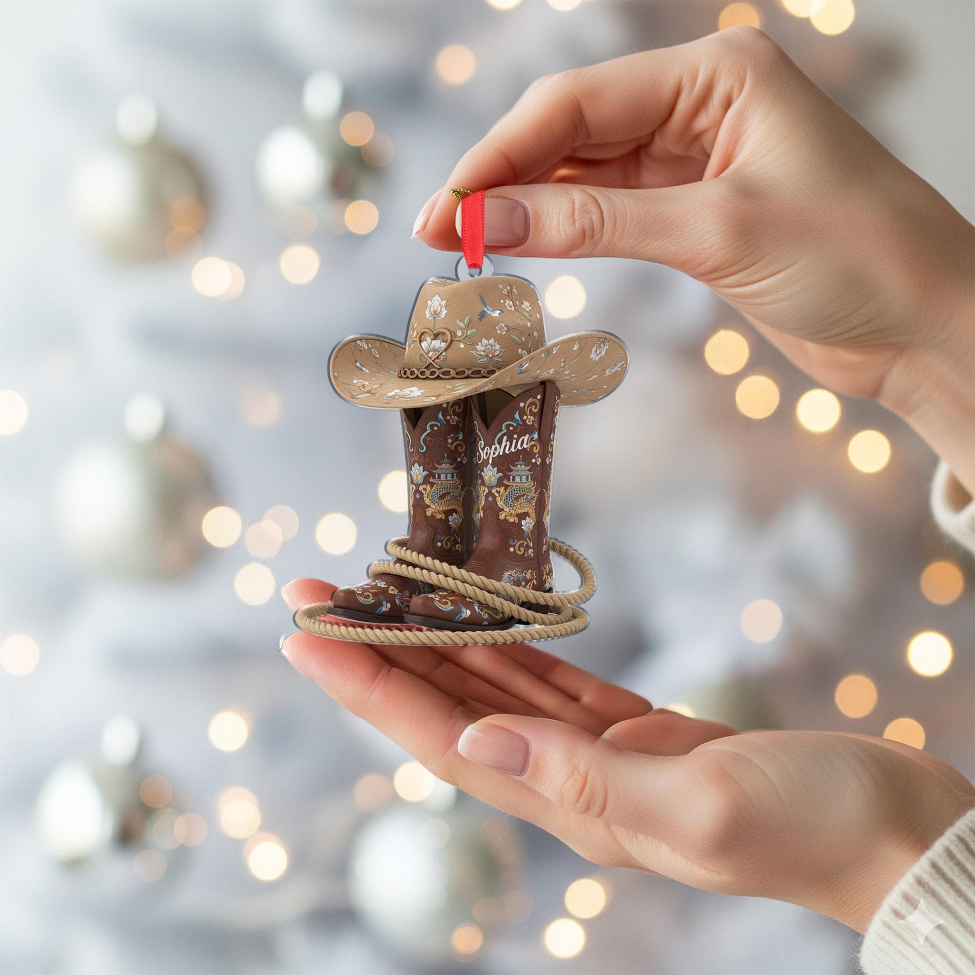 Personalized Cowboy Boot and Hat Ornament: Western Country Style Decoration, Brown Tooled Design image 3