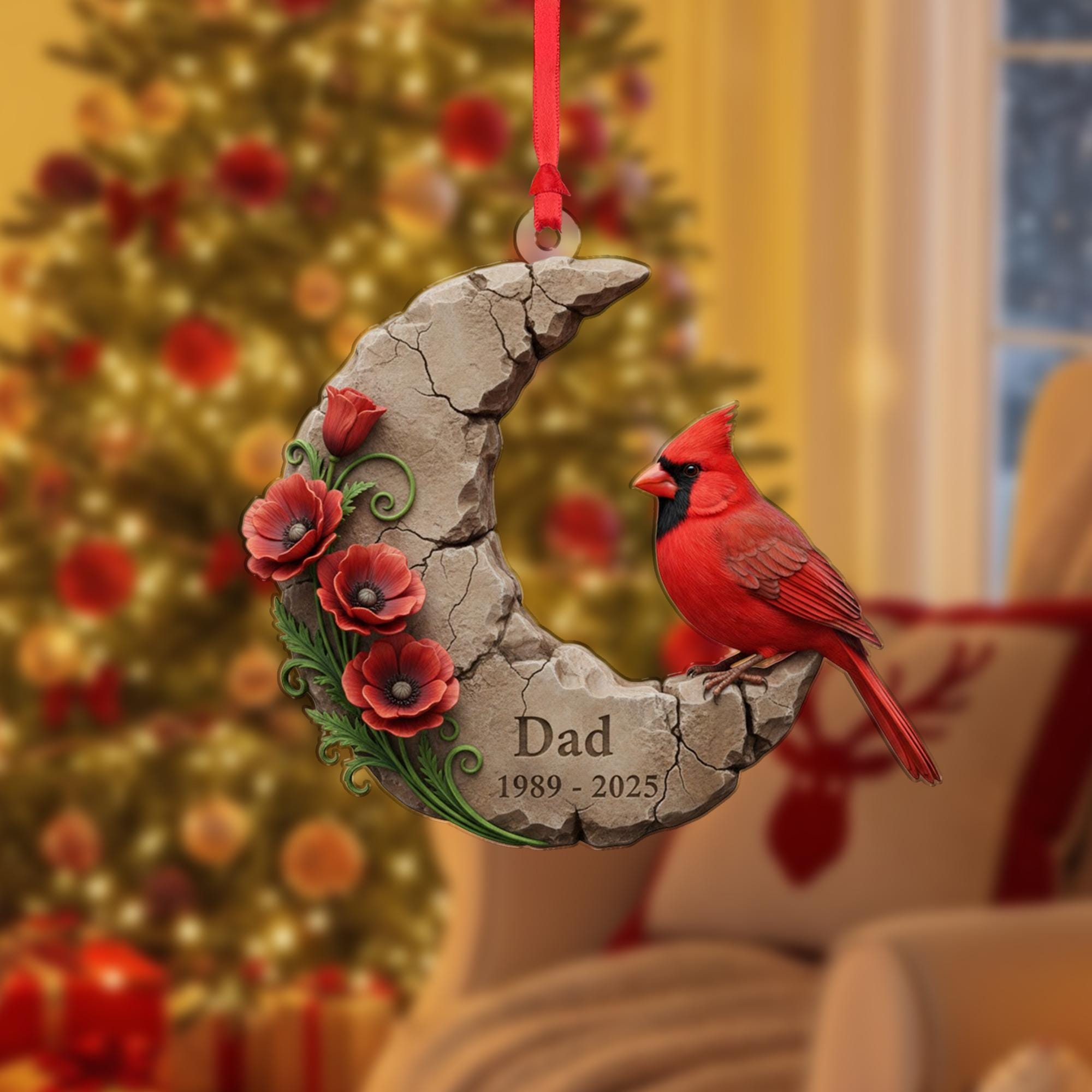 Personalized Cardinal Memorial Ornament: Crescent Moon Stone Decoration with Poppies image 2