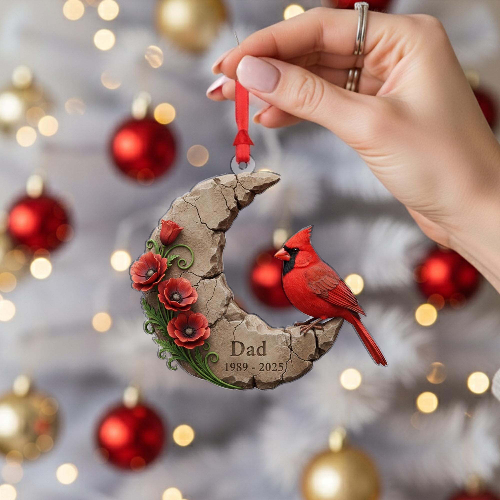 Personalized Cardinal Memorial Ornament: Crescent Moon Stone Decoration with Poppies image 6