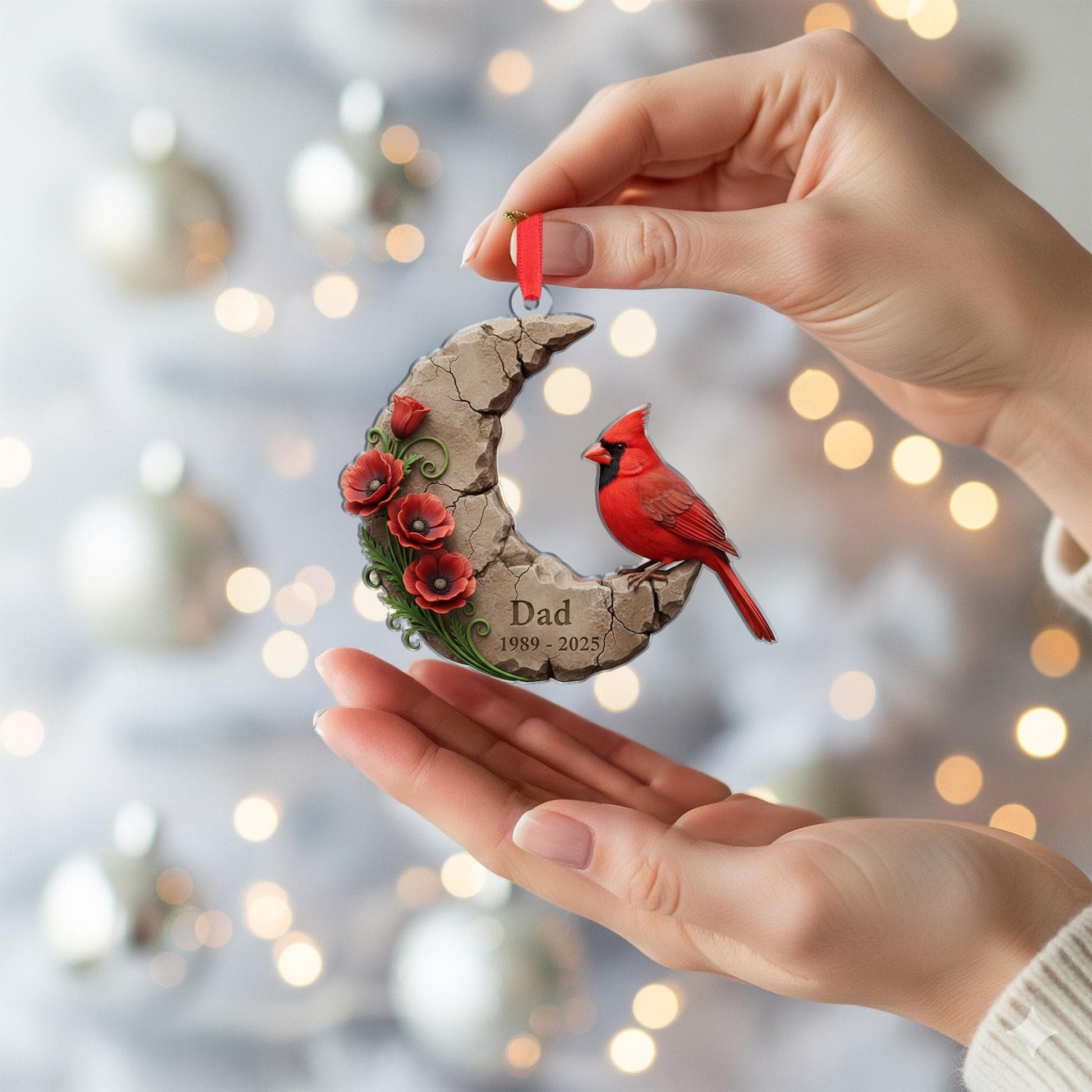 Personalized Cardinal Memorial Ornament: Crescent Moon Stone Decoration with Poppies image 4