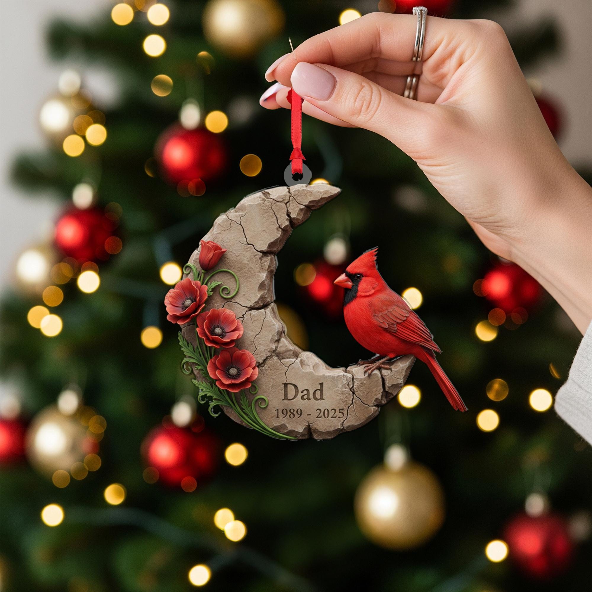 Personalized Cardinal Memorial Ornament: Crescent Moon Stone Decoration with Poppies image 7