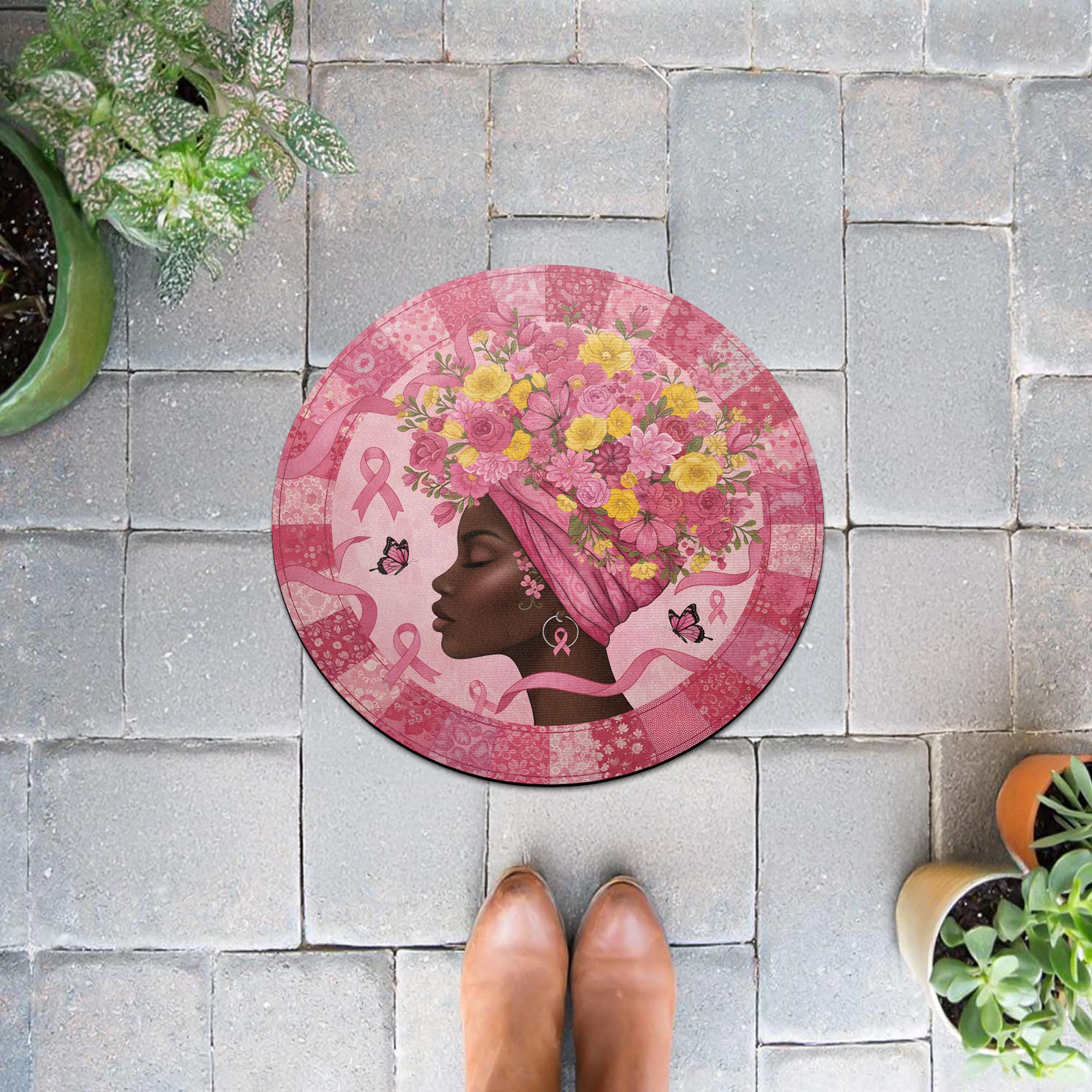 Breast Cancer Awareness Round Rug: Black Woman Silhouette, Pink Floral Head Wrap Design image 1
