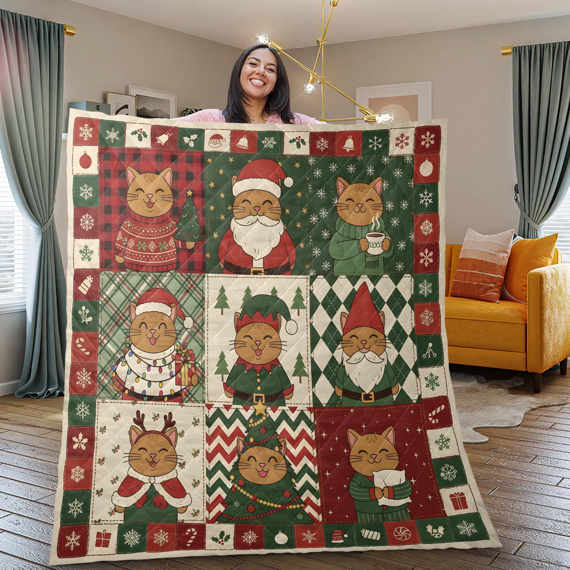 Christmas Cat Quilt Blanket: Nine Block Patchwork, Festive Holiday Throw image 1