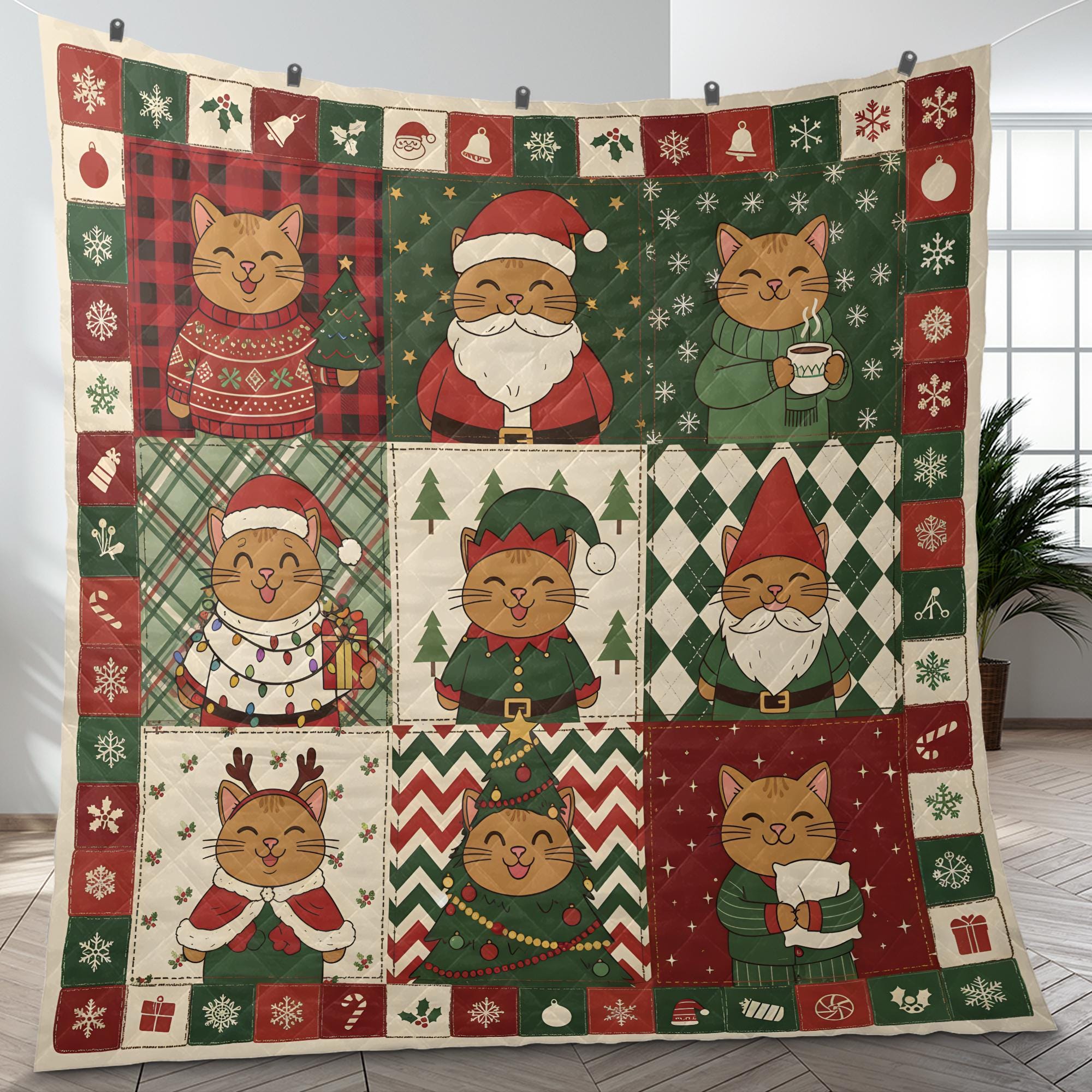 Christmas Cat Quilt Blanket: Nine Block Patchwork, Festive Holiday Throw image 3