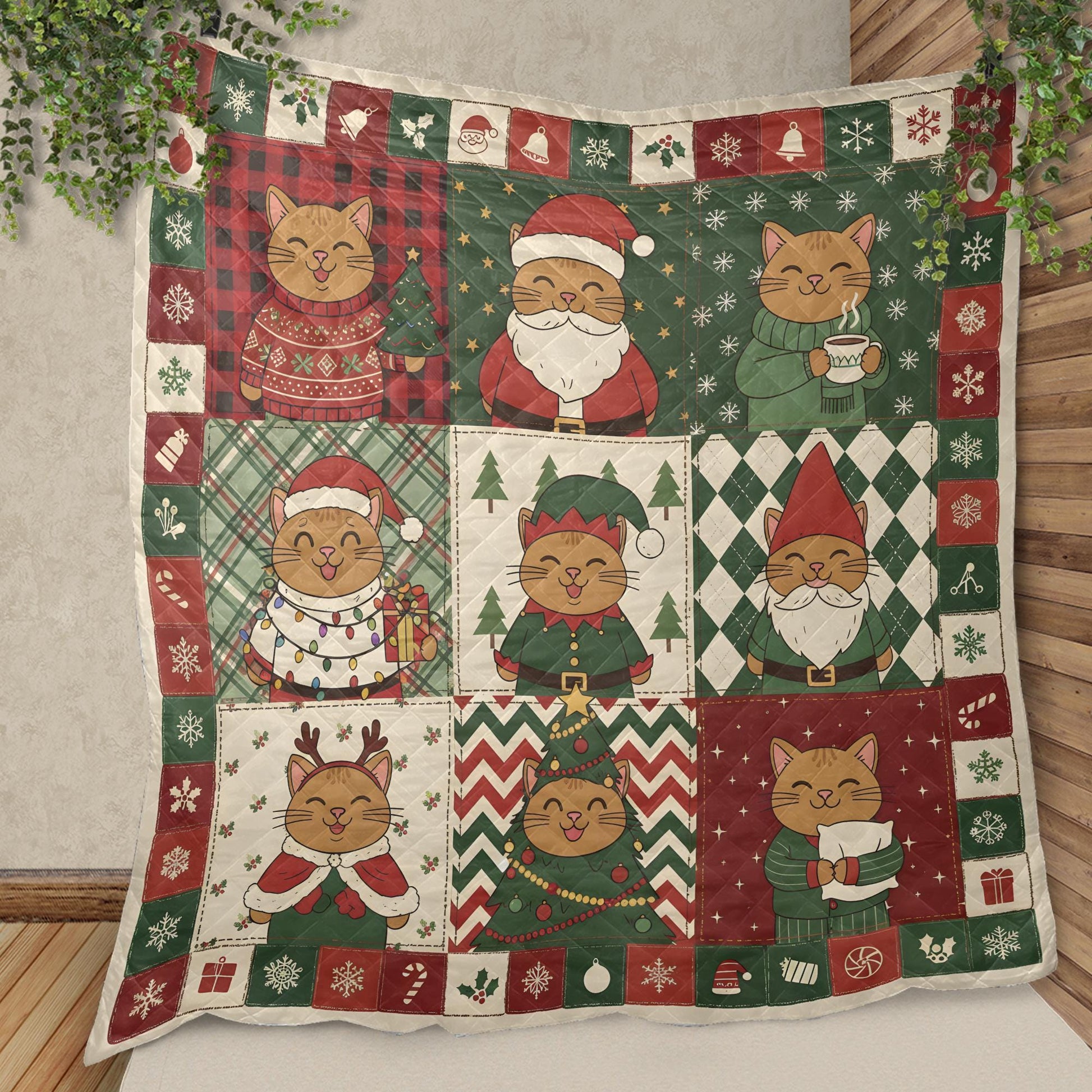 Christmas Cat Quilt Blanket: Nine Block Patchwork, Festive Holiday Throw image 4