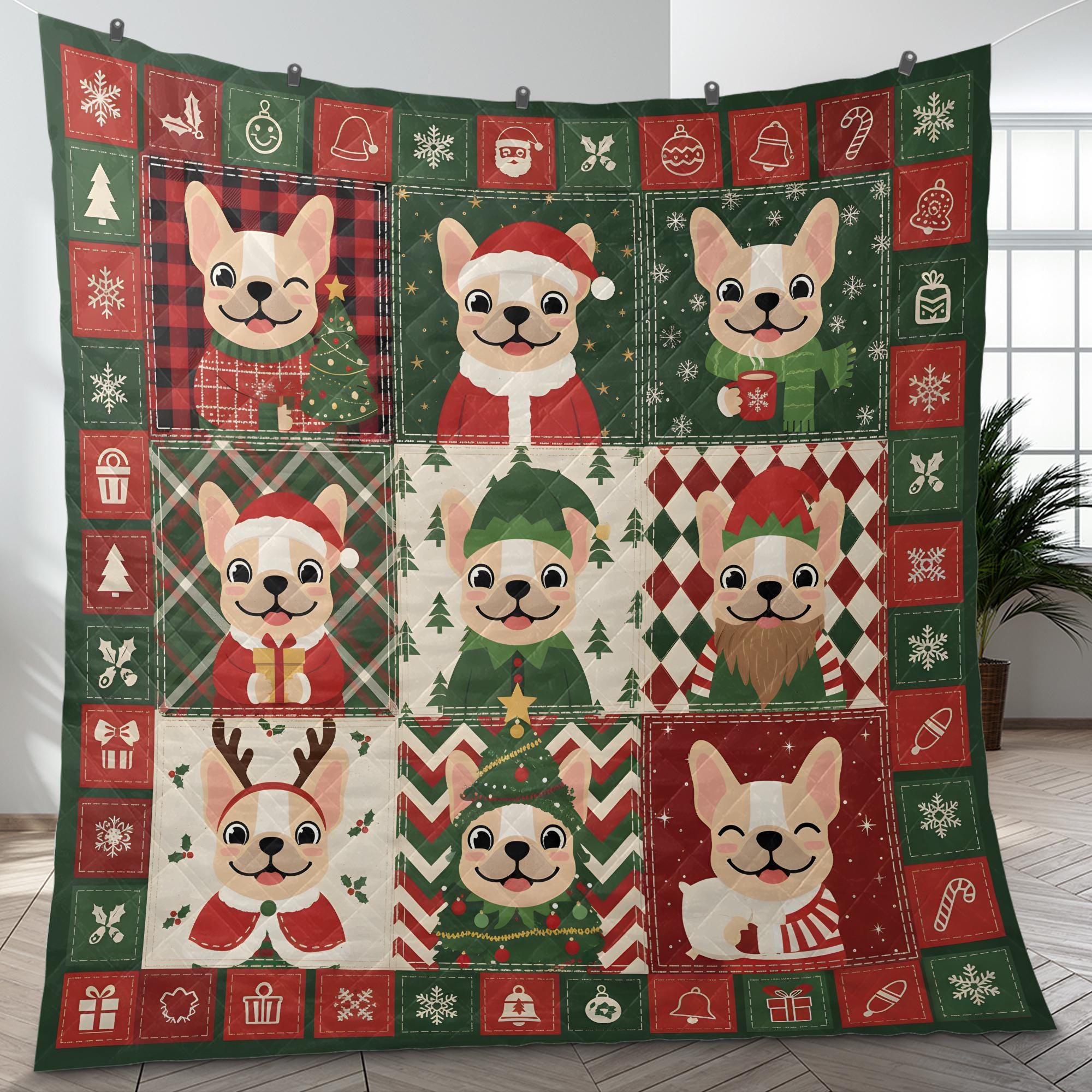 French Bulldog Christmas Quilt: Nine Block Patchwork Blanket, Festive Frenchie Holiday Throw image 5
