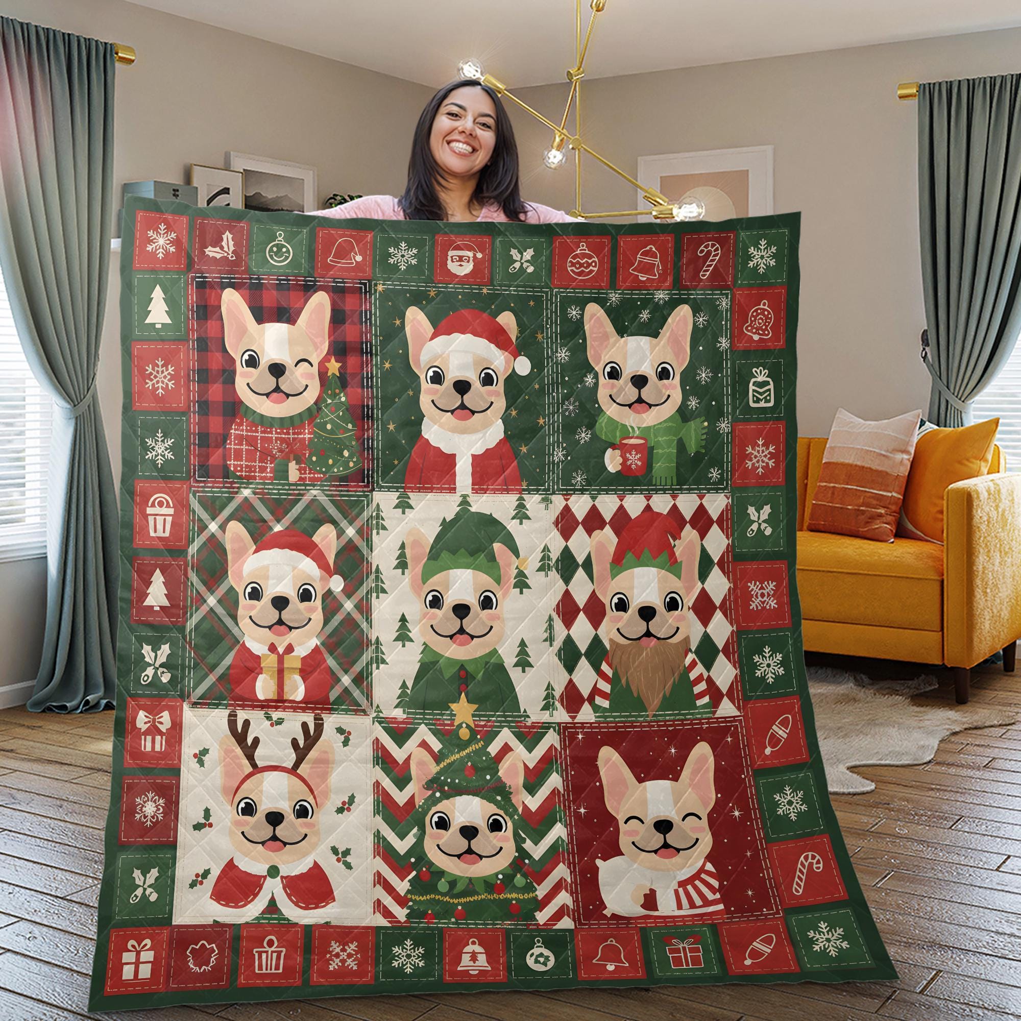 French Bulldog Christmas Quilt: Nine Block Patchwork Blanket, Festive Frenchie Holiday Throw image 1