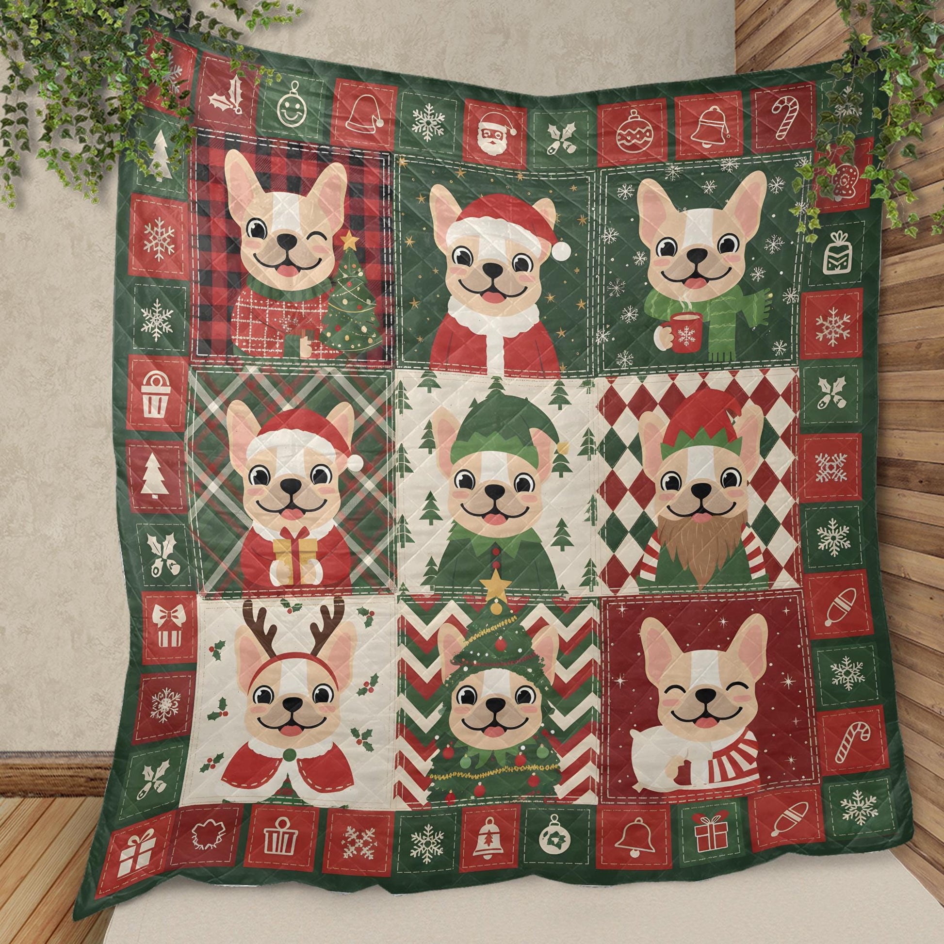 French Bulldog Christmas Quilt: Nine Block Patchwork Blanket, Festive Frenchie Holiday Throw image 6