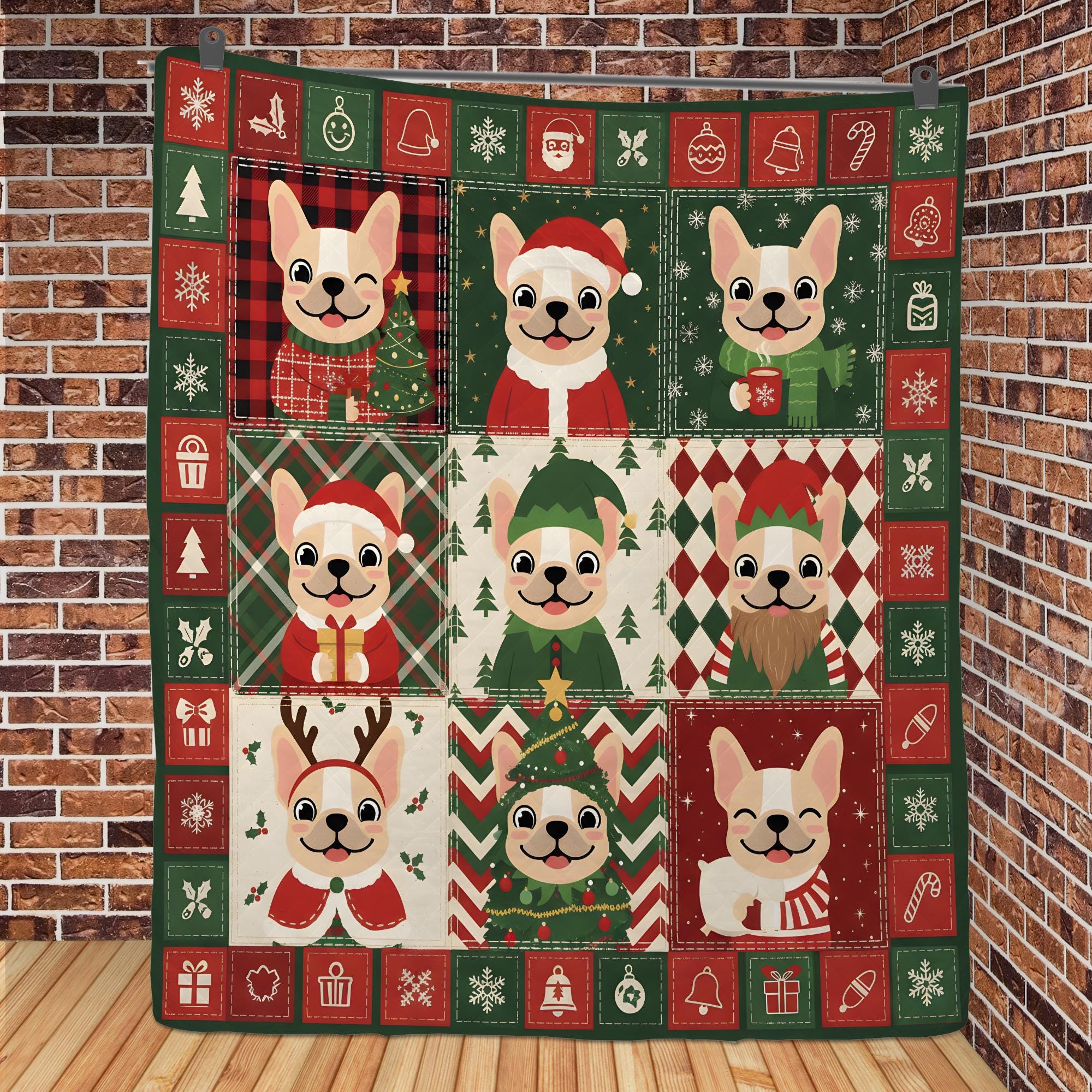 French Bulldog Christmas Quilt: Nine Block Patchwork Blanket, Festive Frenchie Holiday Throw image 3