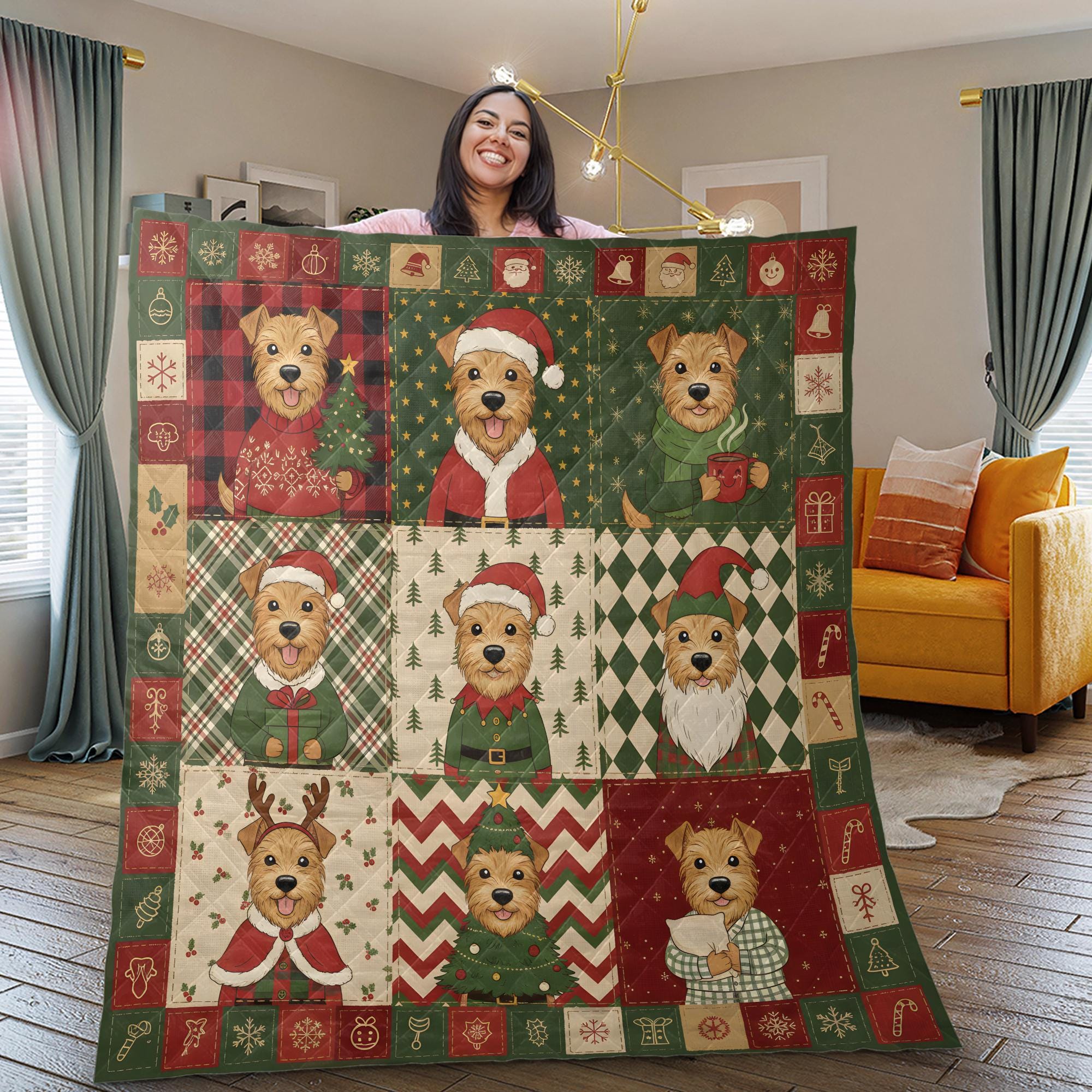 Terrier Christmas Quilt Blanket: Nine Block Patchwork, Festive Holiday Dog Throw image 1
