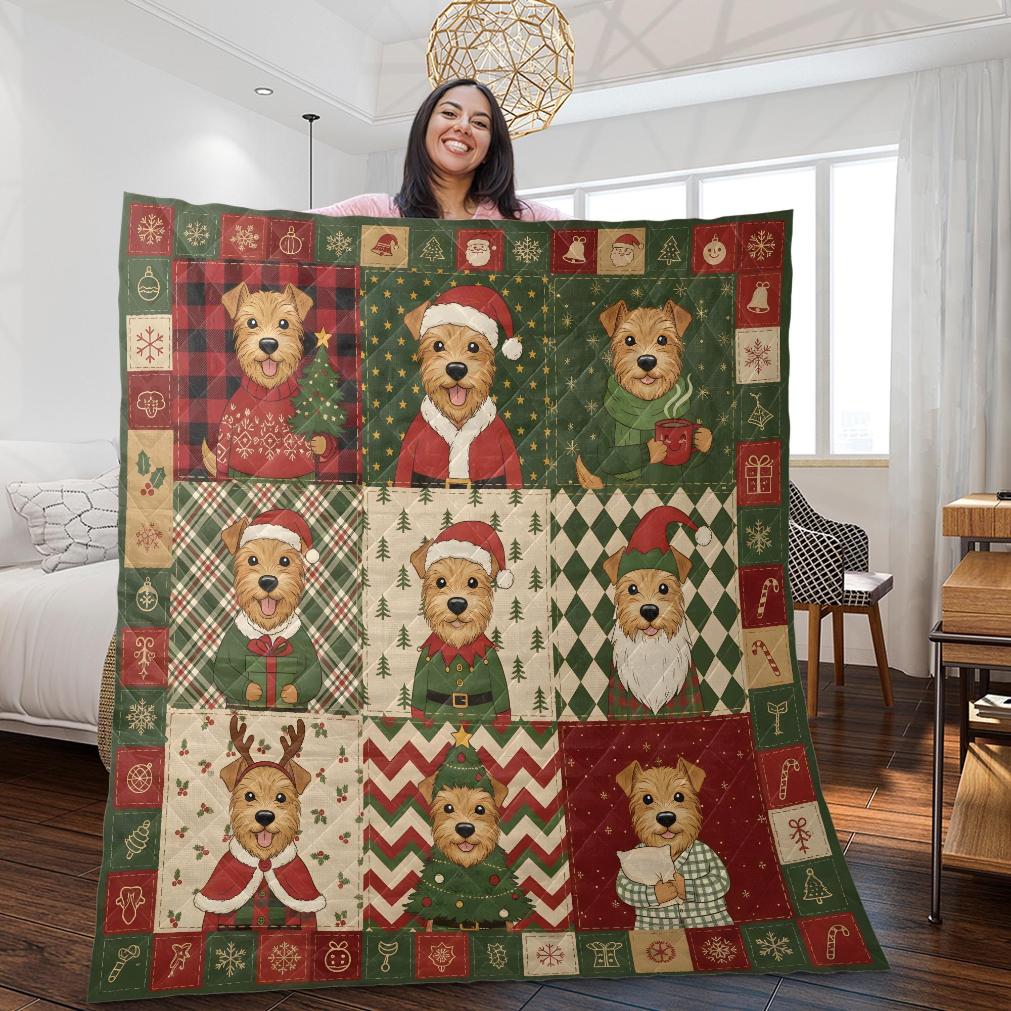 Terrier Christmas Quilt Blanket: Nine Block Patchwork, Festive Holiday Dog Throw image 2