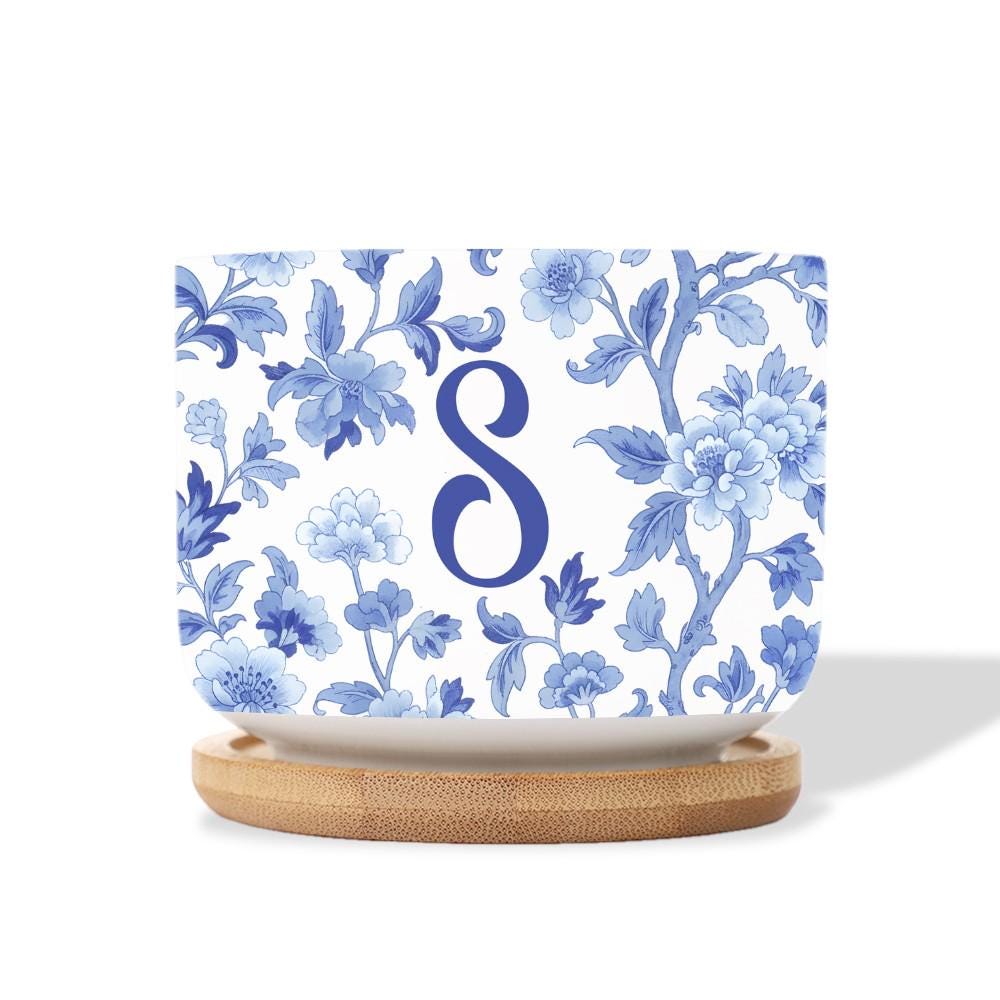 Personalized Monogram Ceramic Plant Pot: Blue Chinoiserie Planter with Saucer image 2