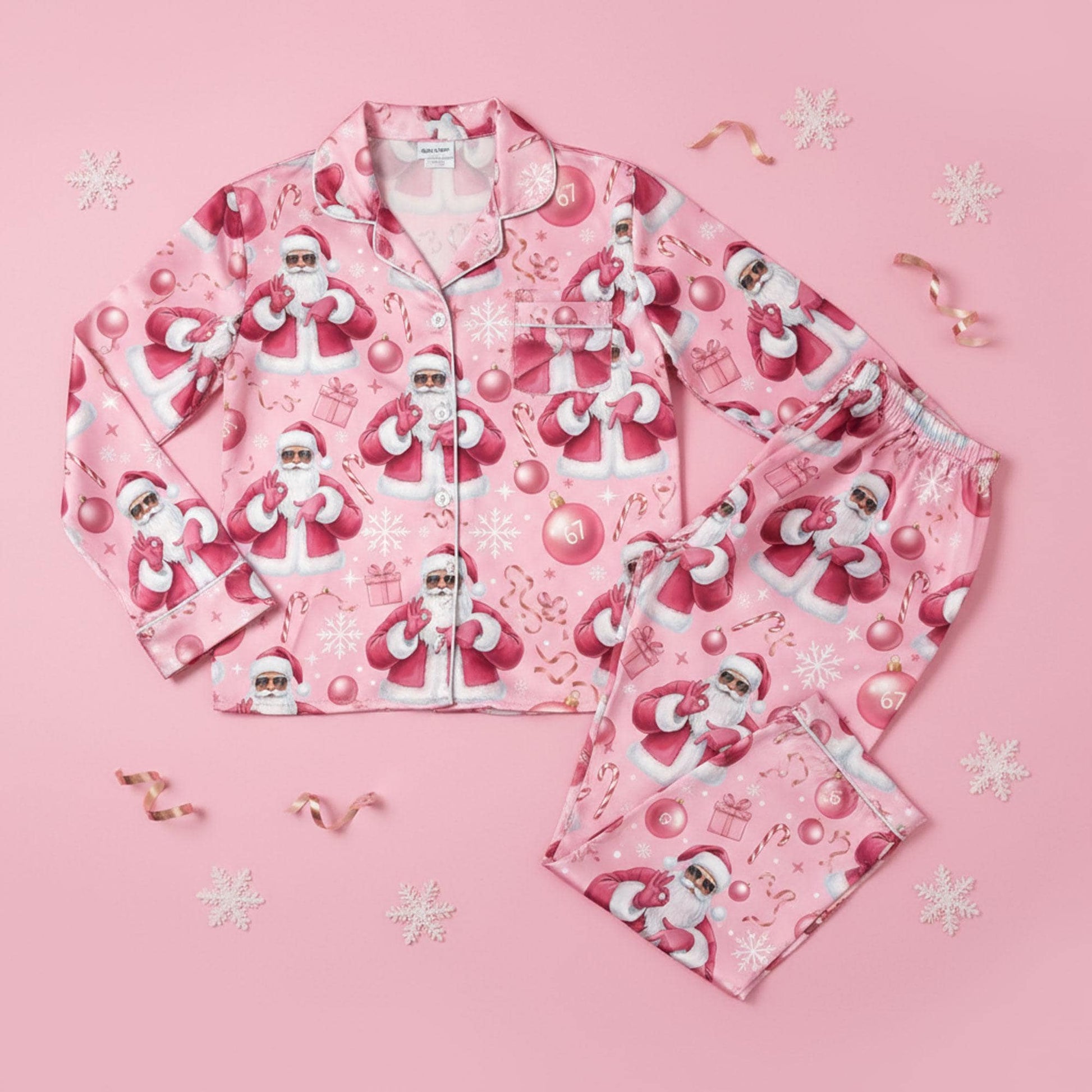 Funny Pink Santa Satin Pajamas: Viral Gen Z Meme Christmas Sleepwear image 4