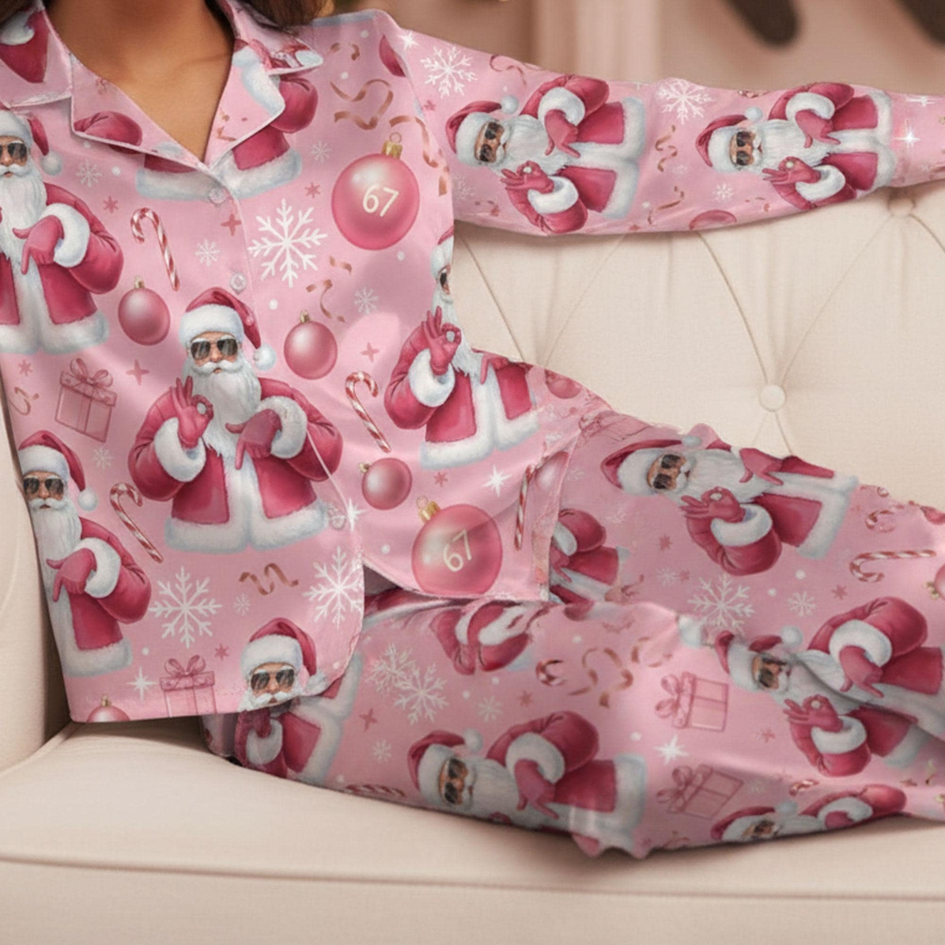 Funny Pink Santa Satin Pajamas: Viral Gen Z Meme Christmas Sleepwear image 3