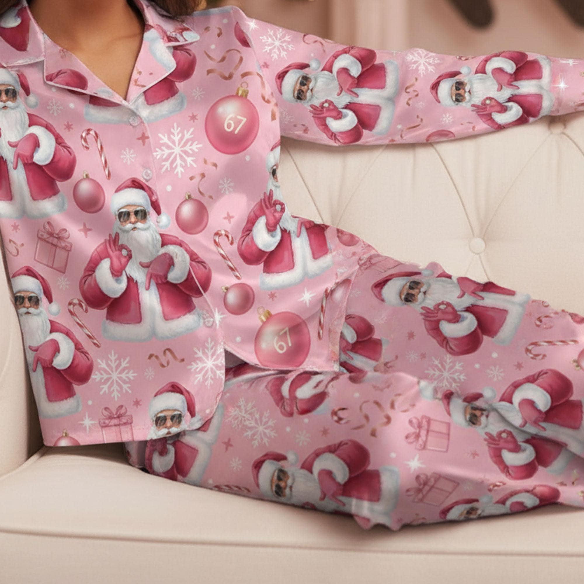 Funny Pink Santa Satin Pajamas: Viral Gen Z Meme Christmas Sleepwear image 3