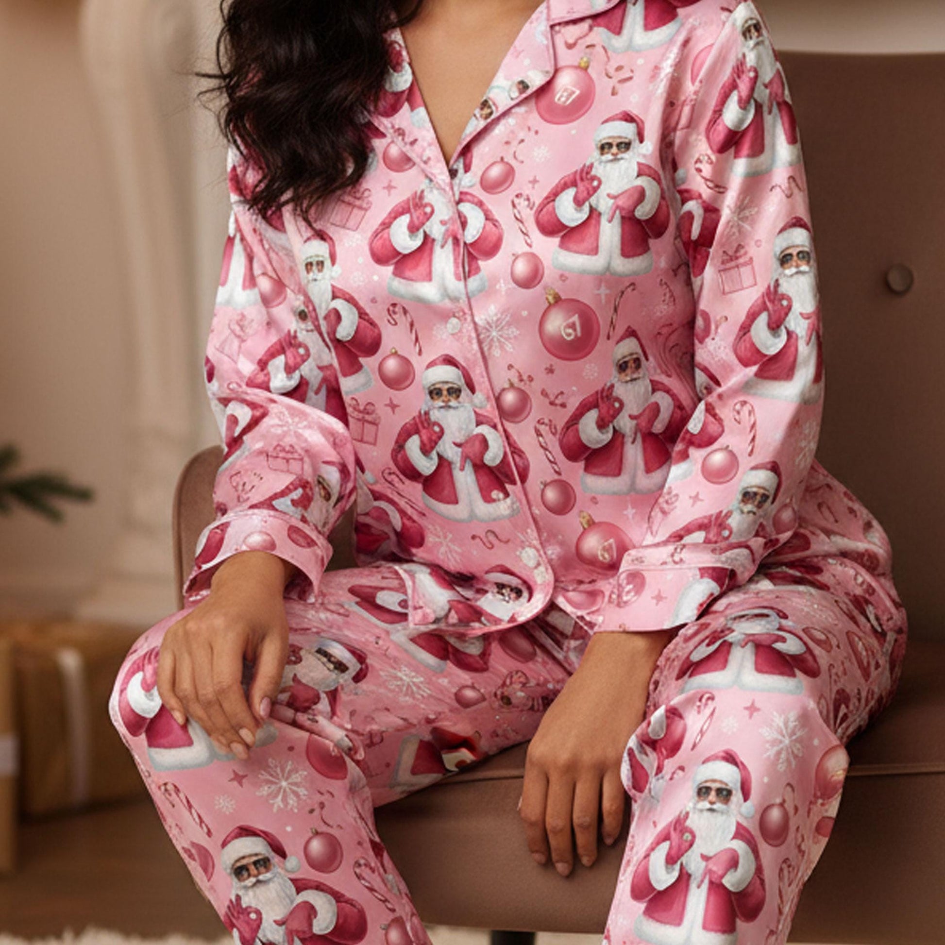 Funny Pink Santa Satin Pajamas: Viral Gen Z Meme Christmas Sleepwear image 2