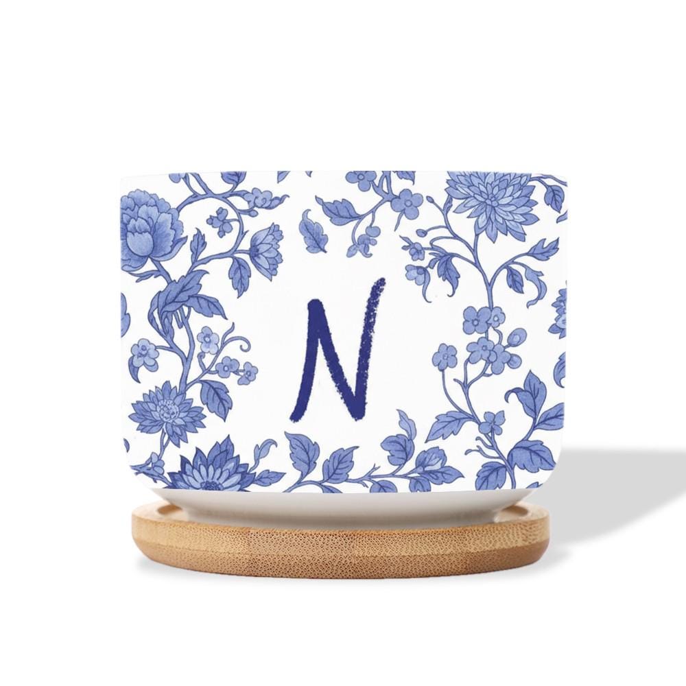 Personalized Monogram Ceramic Plant Pot: Blue Chinoiserie Planter with Saucer image 2
