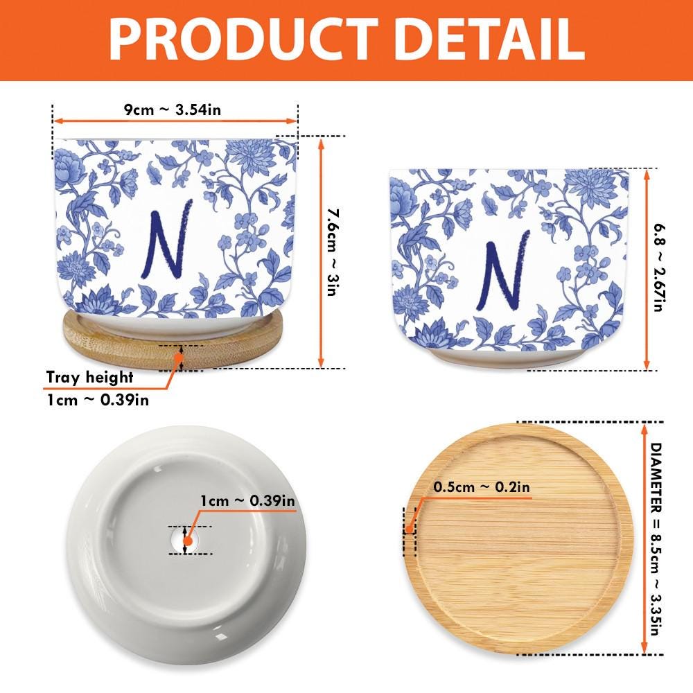 Personalized Monogram Ceramic Plant Pot: Blue Chinoiserie Planter with Saucer image 4