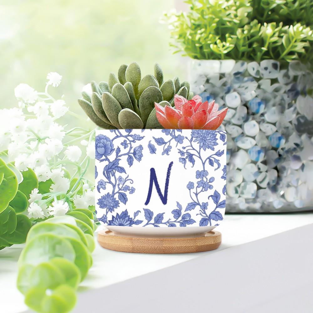 Personalized Monogram Ceramic Plant Pot: Blue Chinoiserie Planter with Saucer image 8