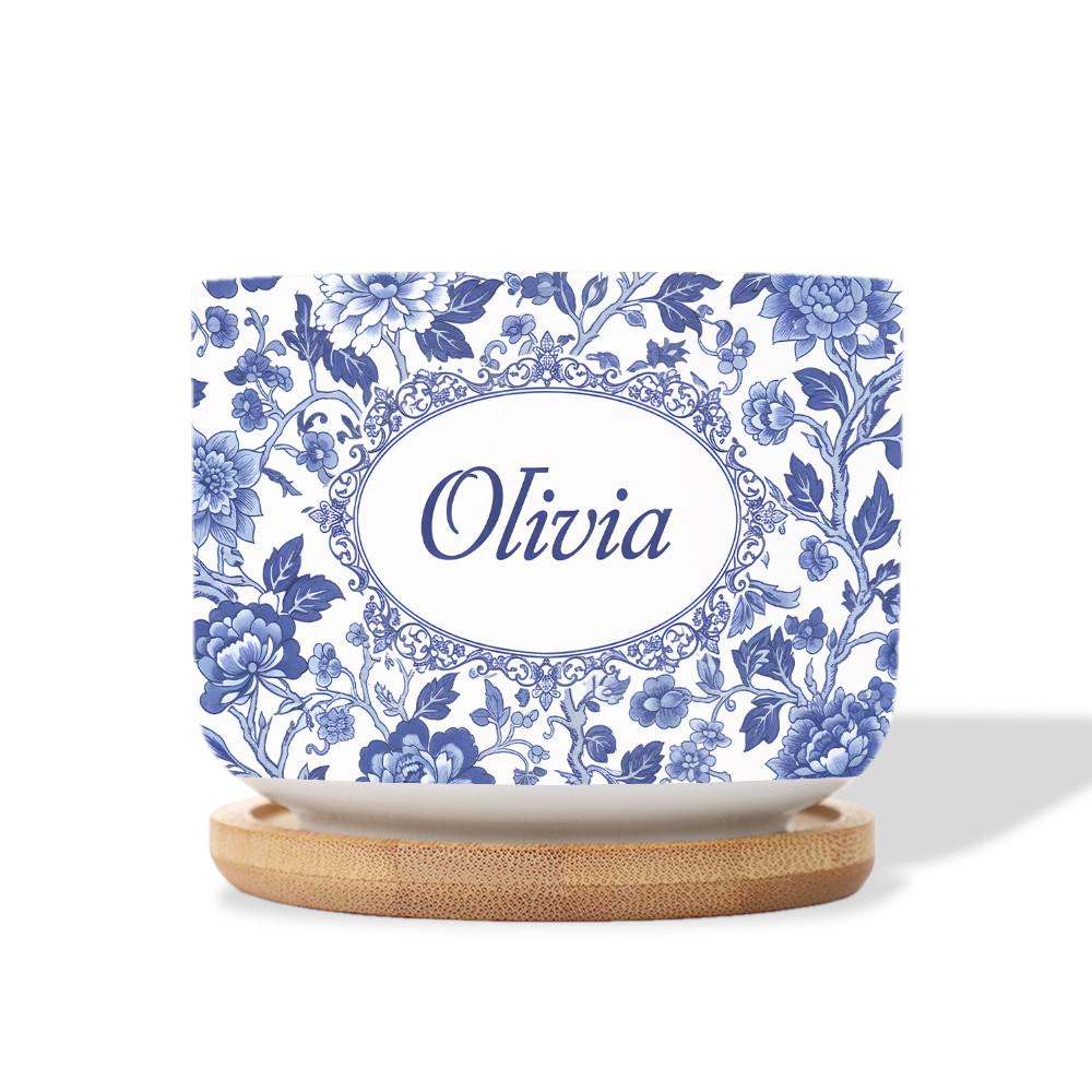 Personalized Name Ceramic Plant Pot: Blue Chinoiserie Planter with Saucer image 2