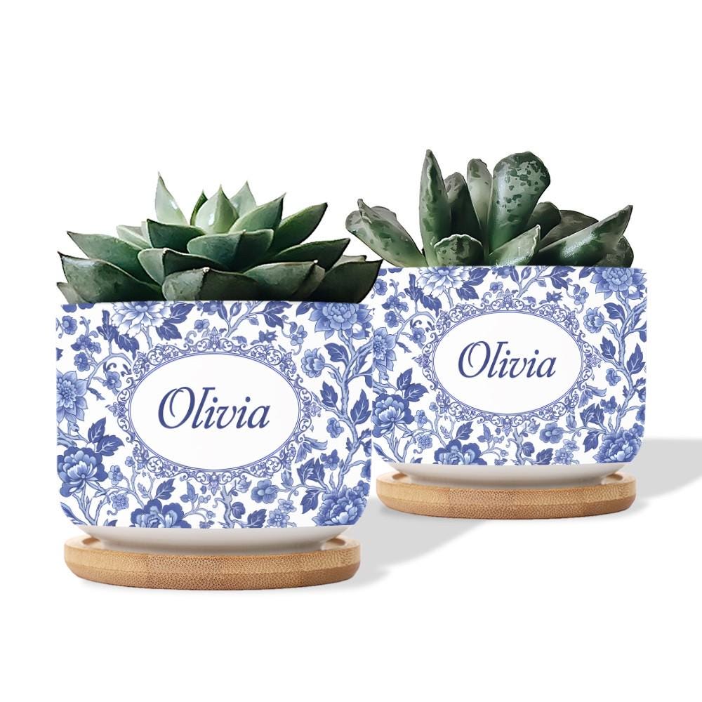Personalized Name Ceramic Plant Pot: Blue Chinoiserie Planter with Saucer image 5