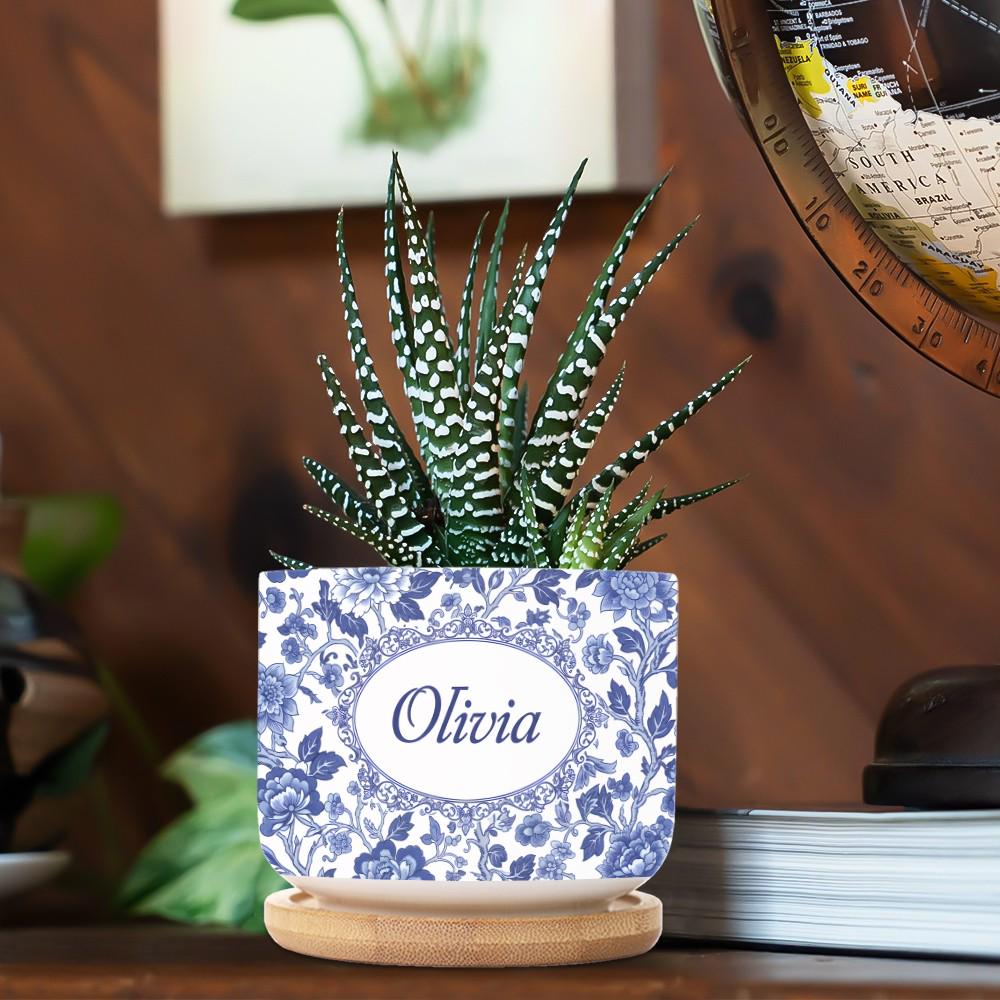 Personalized Name Ceramic Plant Pot: Blue Chinoiserie Planter with Saucer image 7
