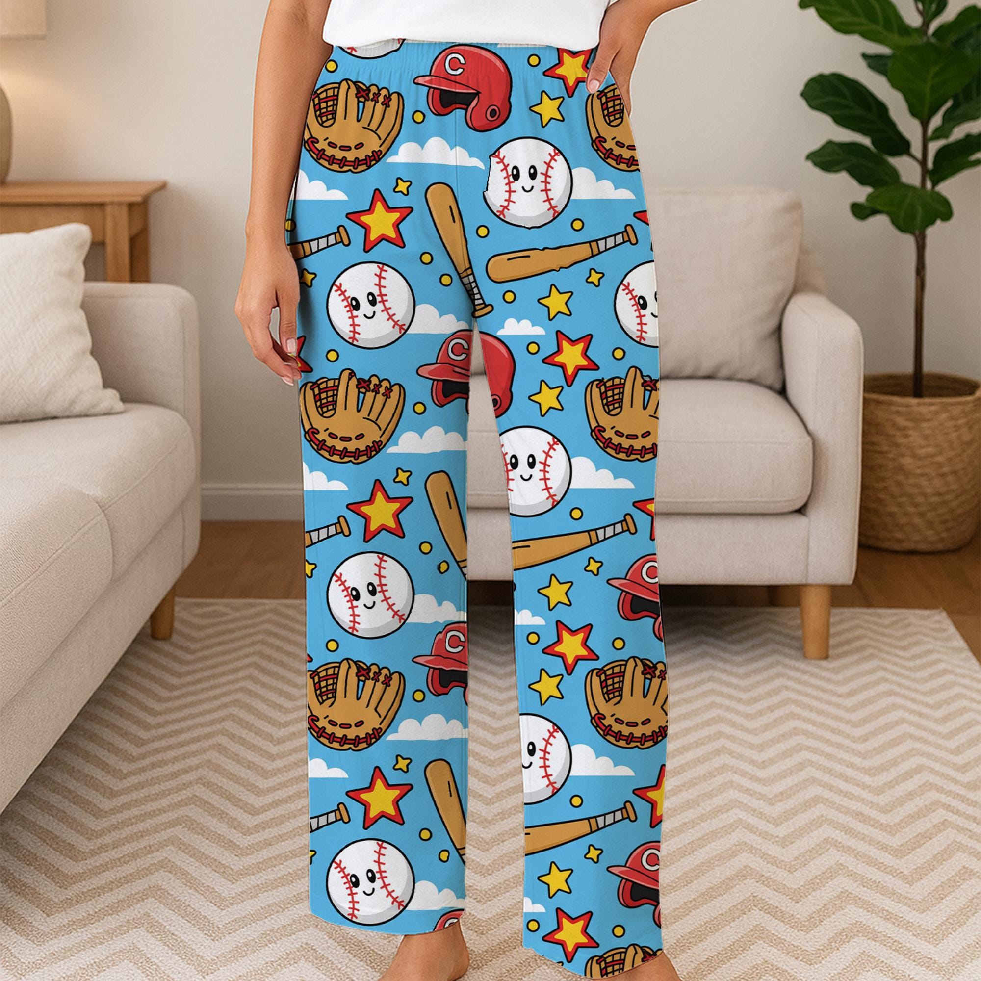Baseball Pattern Pajama Pants with Bats and Gloves image 1