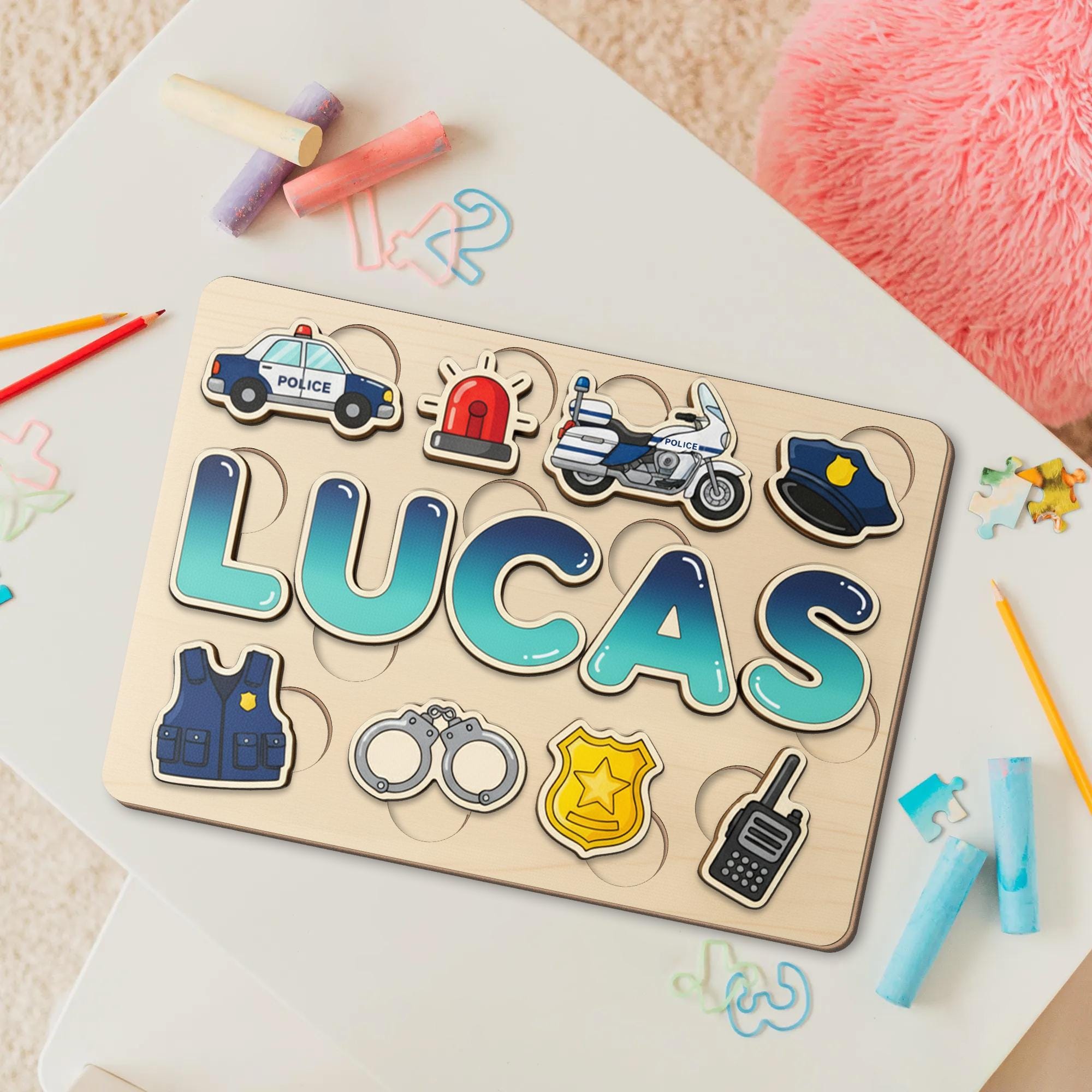 Personalized Wooden Name Puzzle: Police Theme Puzzle with Vehicles and Gear Pieces image 1