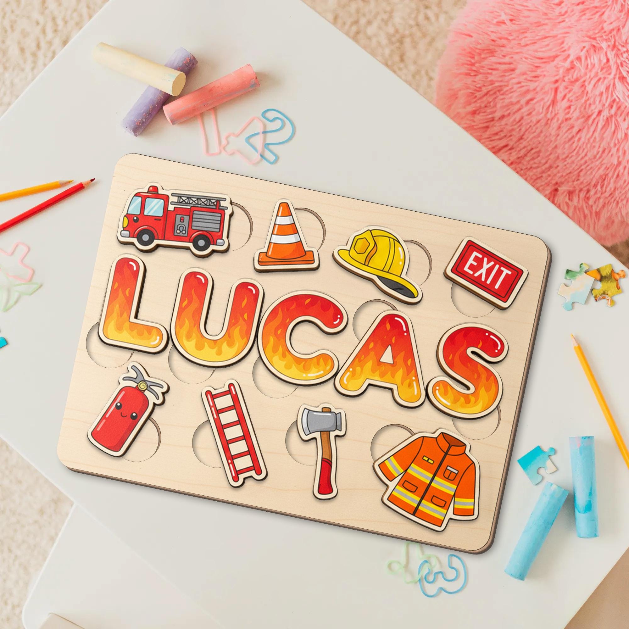 Personalized Wooden Name Puzzle: Firefighter Theme Puzzle with Tools and Gear Pieces image 2