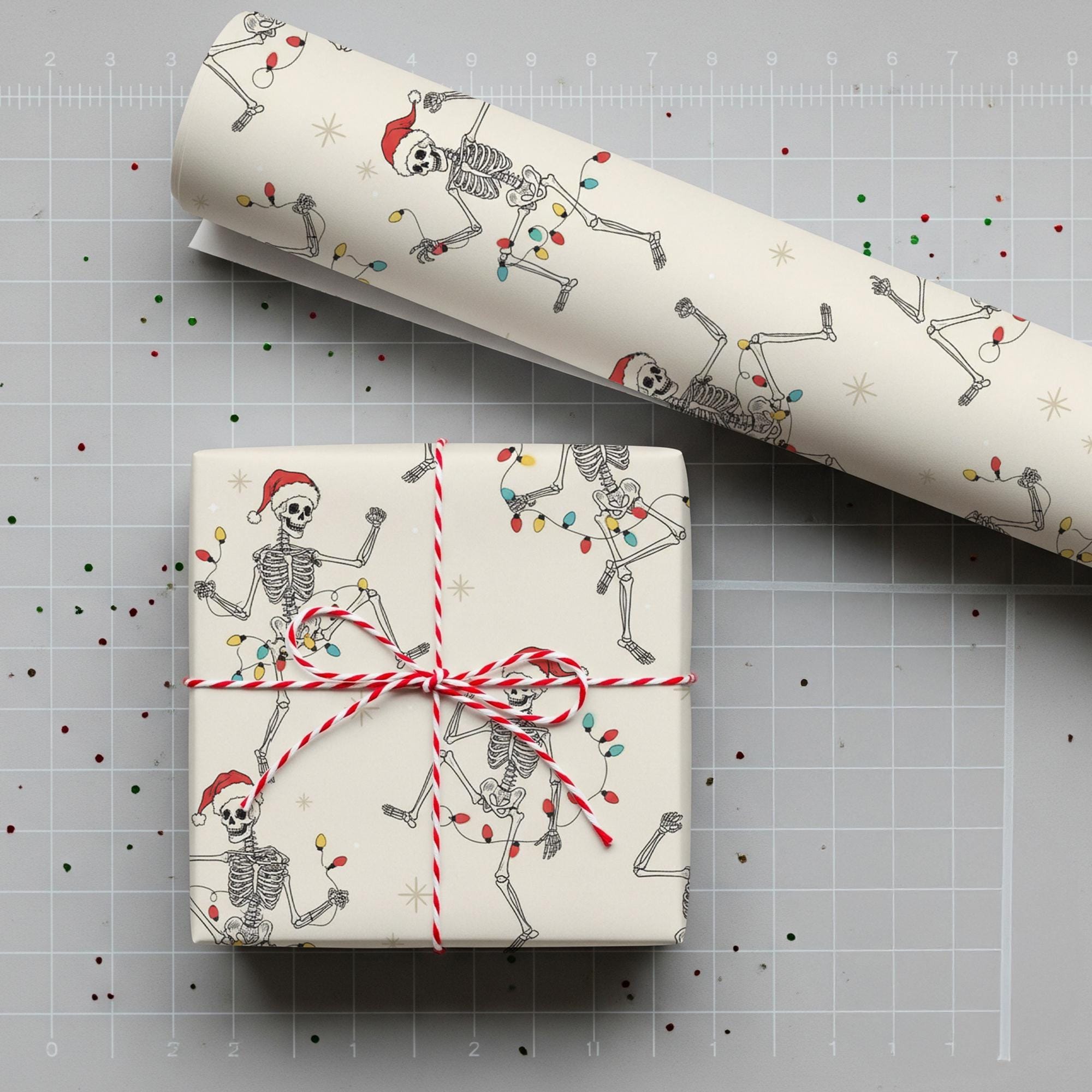 Skeleton Christmas Wrapping Paper, Holiday Spooky Gift Wrap, Xmas Dancing Skeleton Sheet image 1