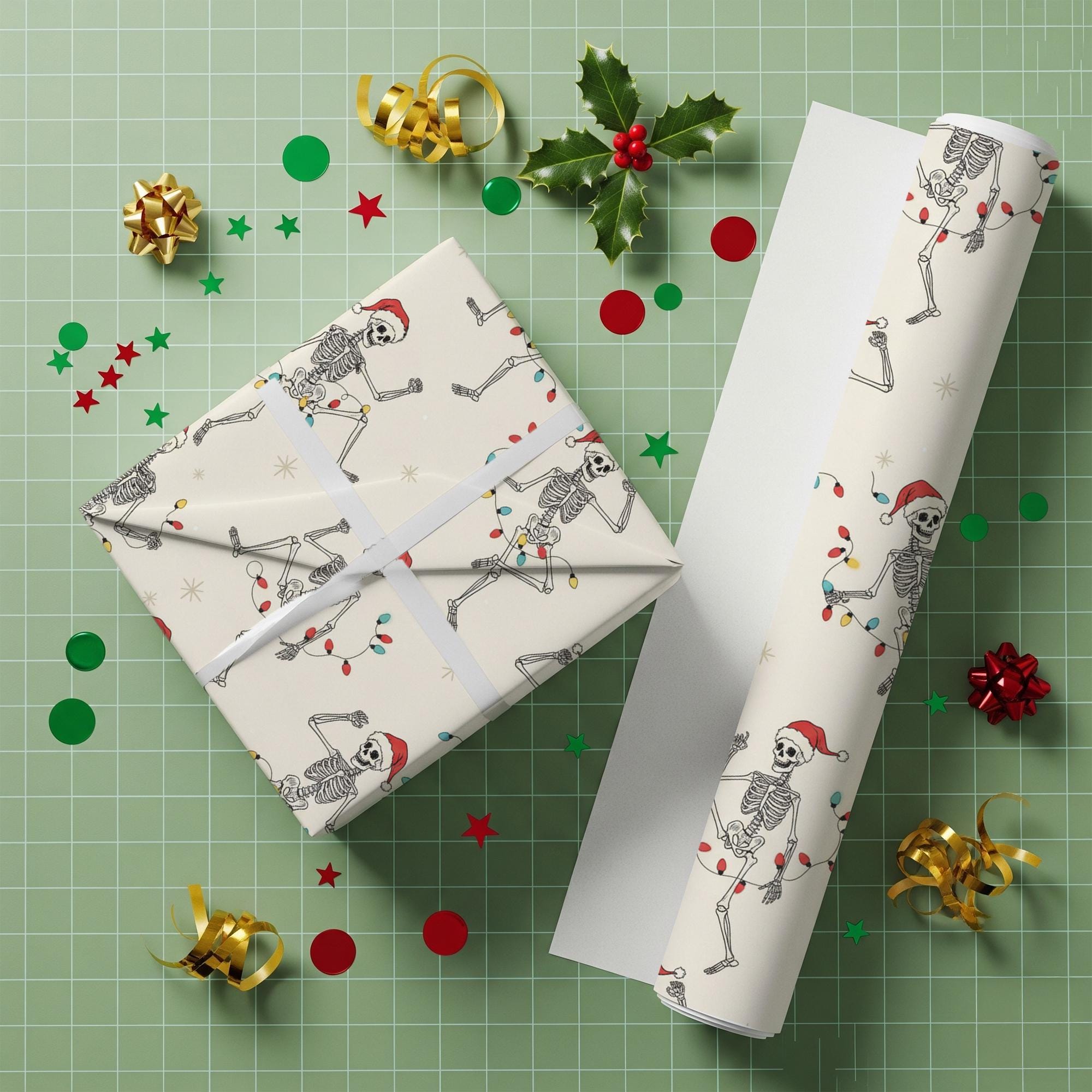 Skeleton Christmas Wrapping Paper, Holiday Spooky Gift Wrap, Xmas Dancing Skeleton Sheet image 2
