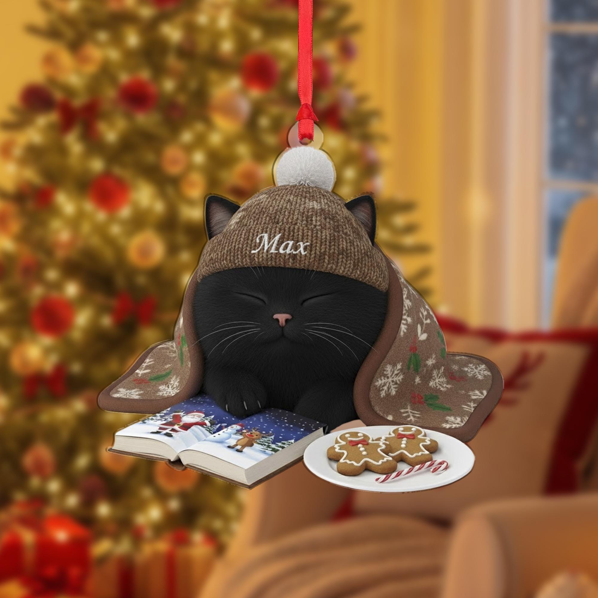 Personalized Christmas Ornament: Custom Cat Breed, Sleeping on Book, Beanie Hat image 2