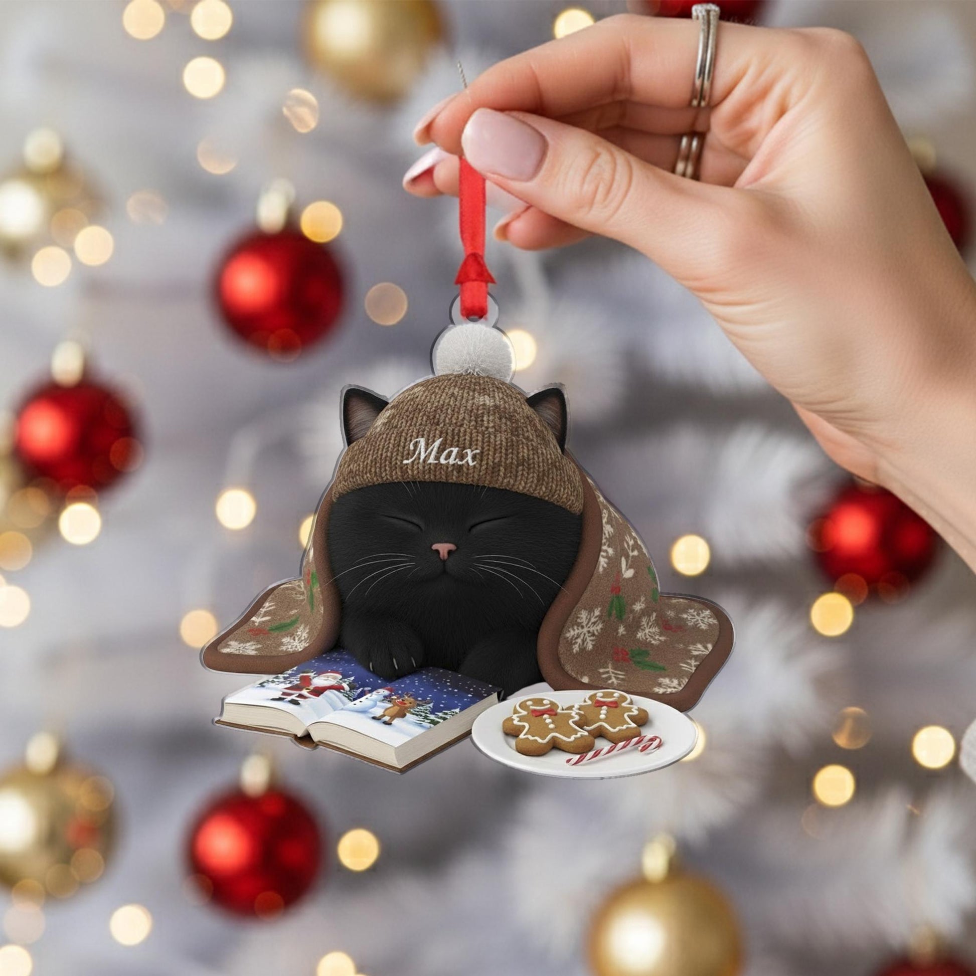 Personalized Christmas Ornament: Custom Cat Breed, Sleeping on Book, Beanie Hat image 7
