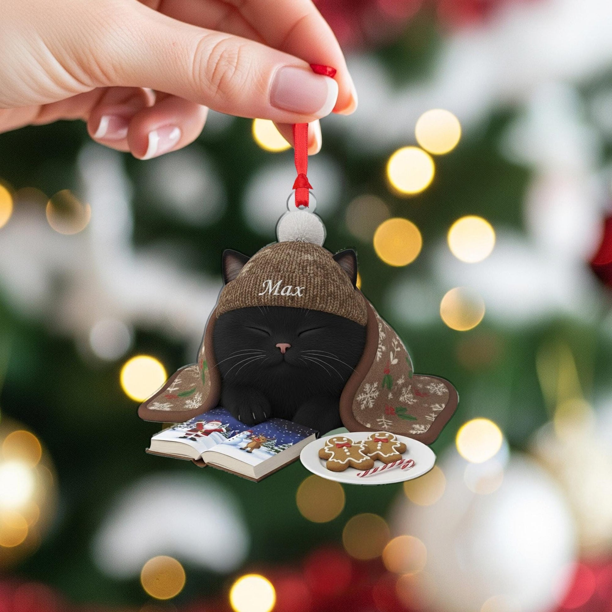 Personalized Christmas Ornament: Custom Cat Breed, Sleeping on Book, Beanie Hat image 5