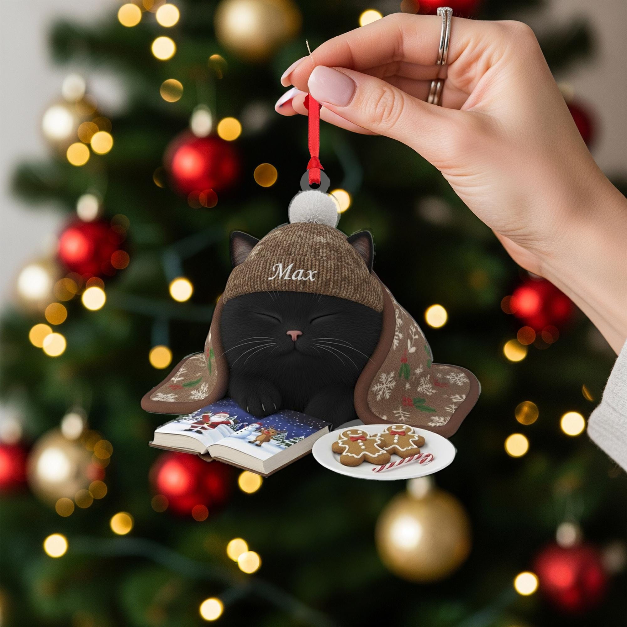 Personalized Christmas Ornament: Custom Cat Breed, Sleeping on Book, Beanie Hat image 6
