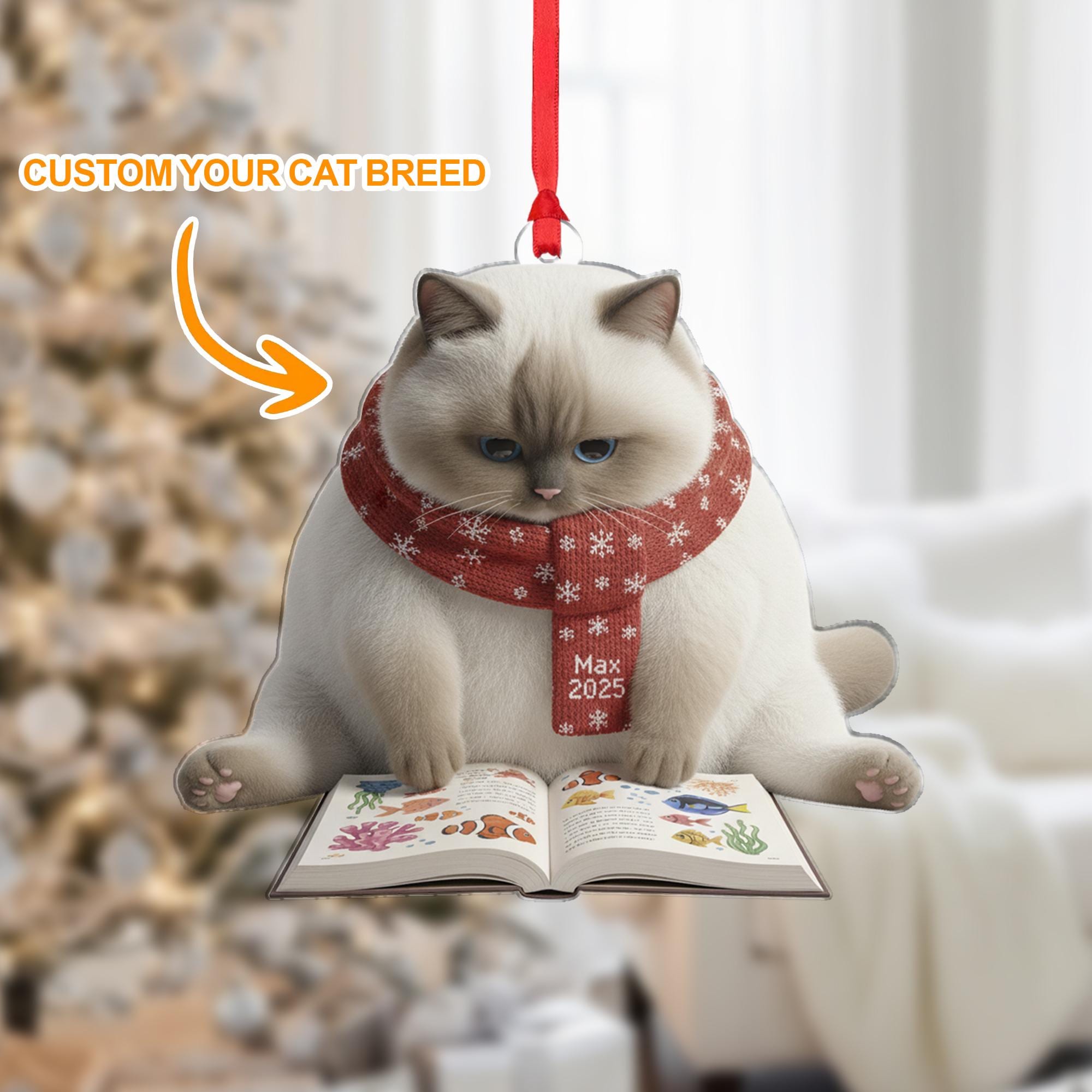 Personalized Christmas Ornament: Cat Reading Fish Book, Custom Name Scarf, Fluffy Pet Decor image 1