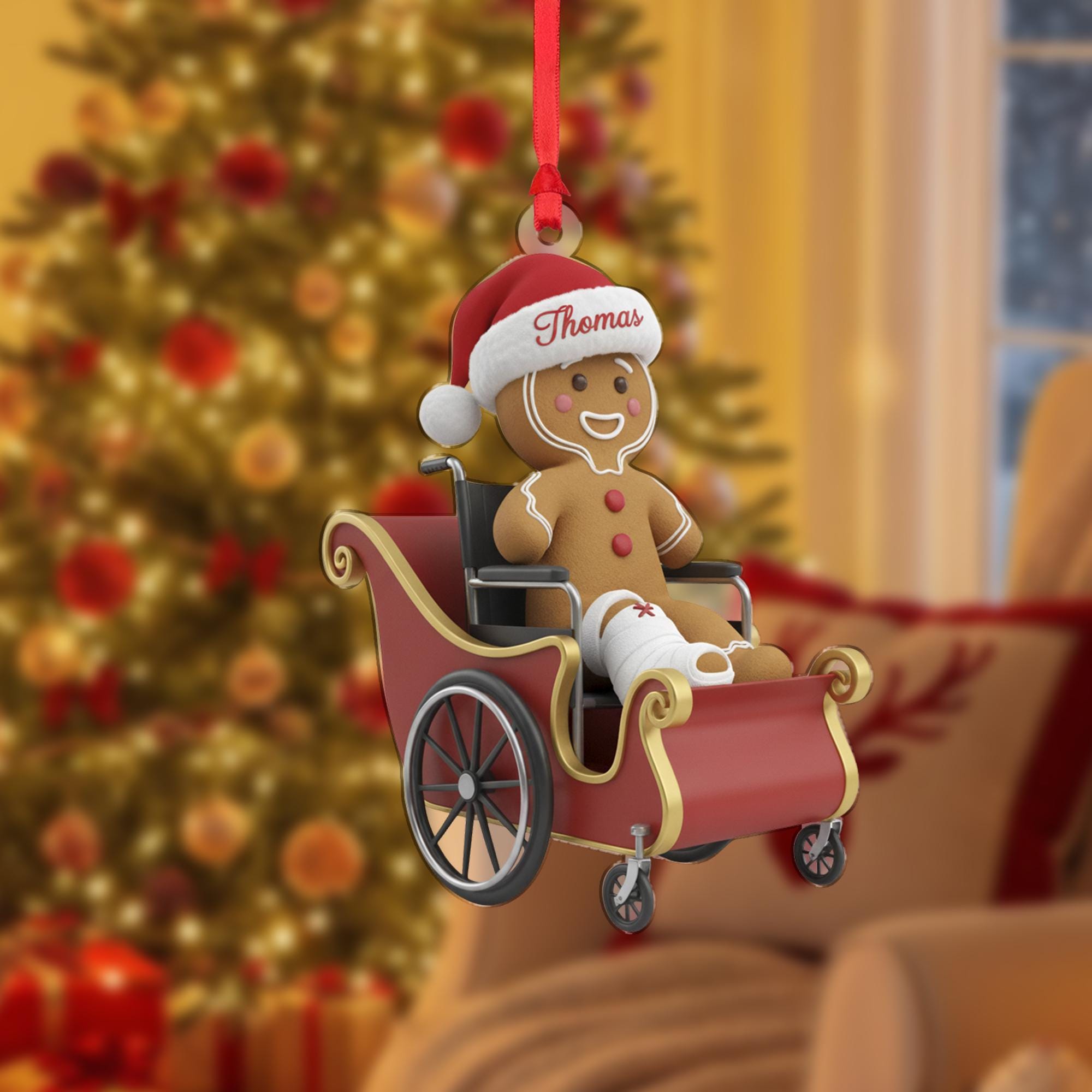 Personalized Christmas Ornament: Gingerbread Man, Wheelchair Sleigh, Broken Leg Cast image 2
