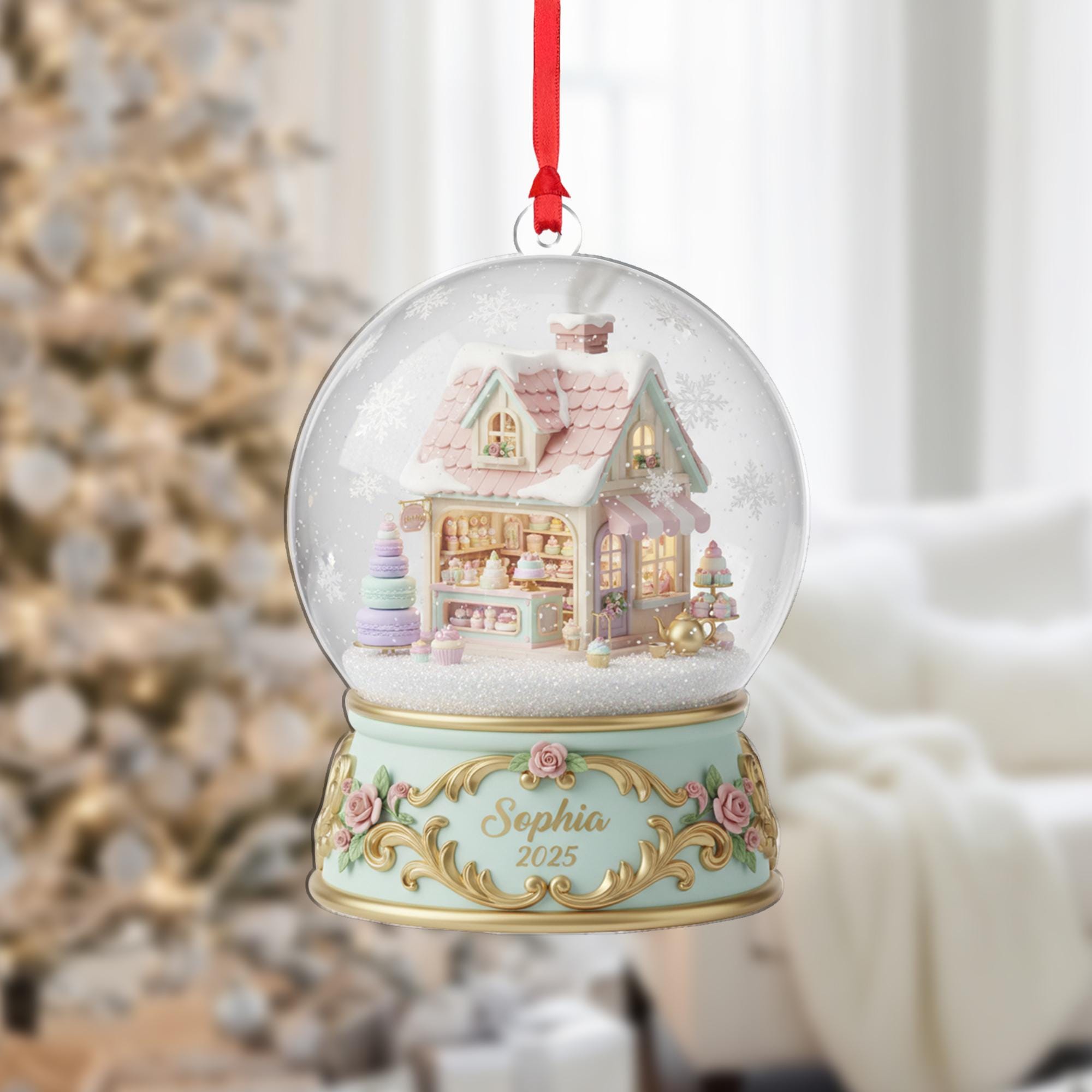 Personalized Christmas Ornament: Bakery Snow Globe, Patisserie Shop, Custom Name image 2