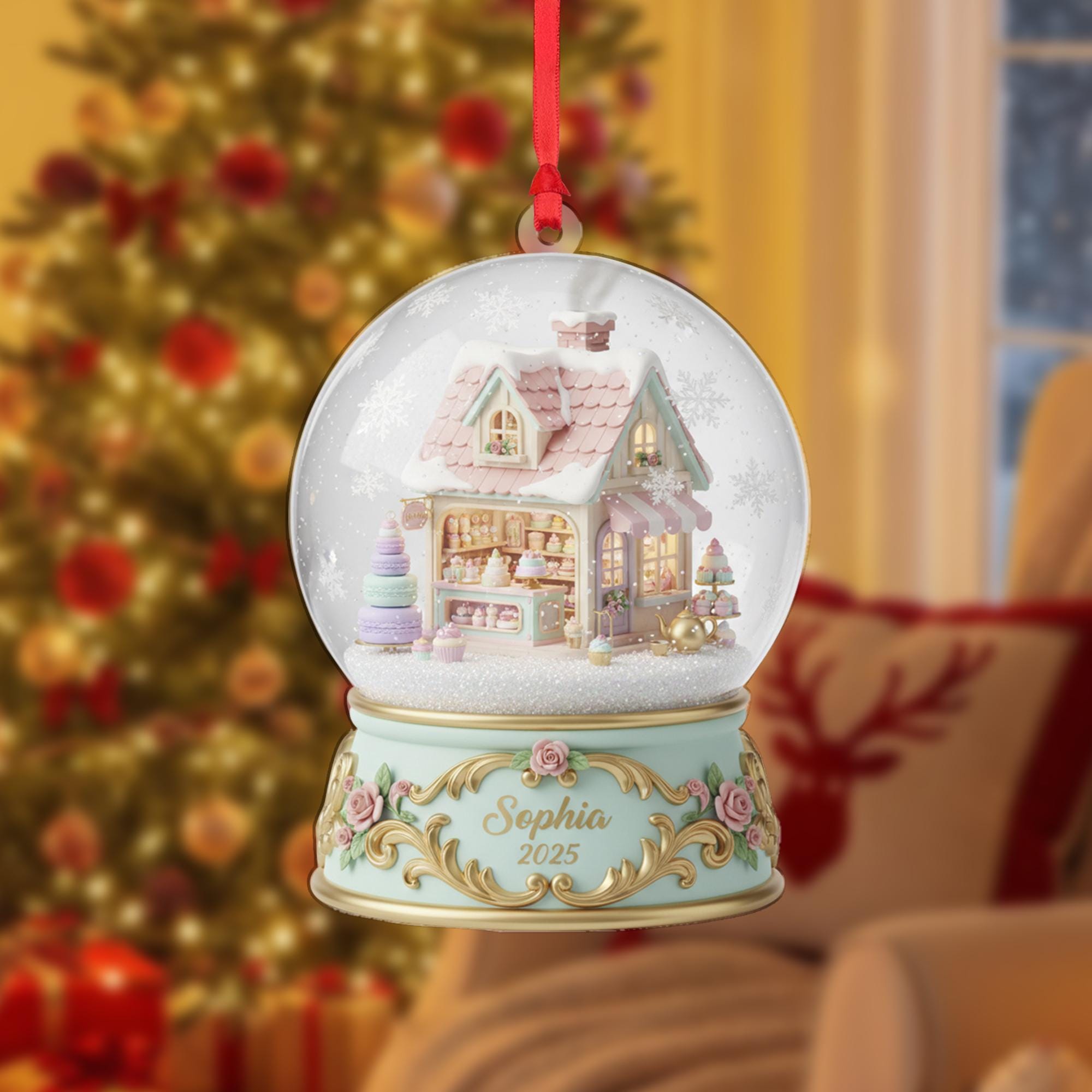 Personalized Christmas Ornament: Bakery Snow Globe, Patisserie Shop, Custom Name image 1