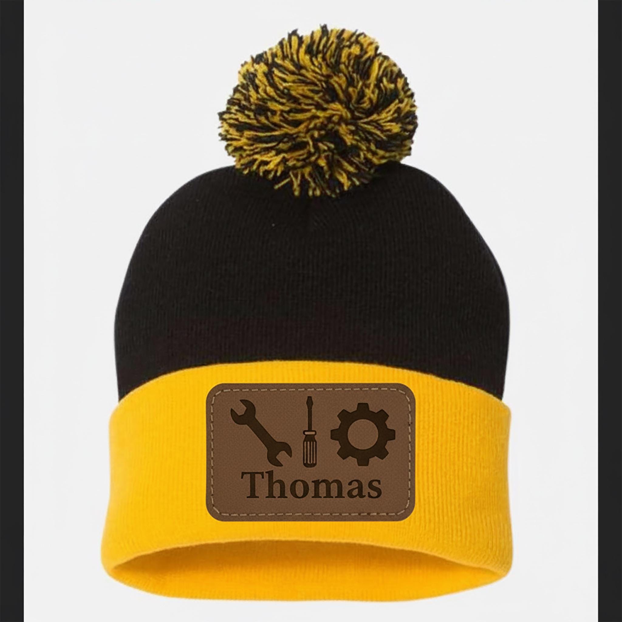 Personalized Mechanic Pom-Pom Cuffed Beanie: Custom Name Pom Pom Hat image 1