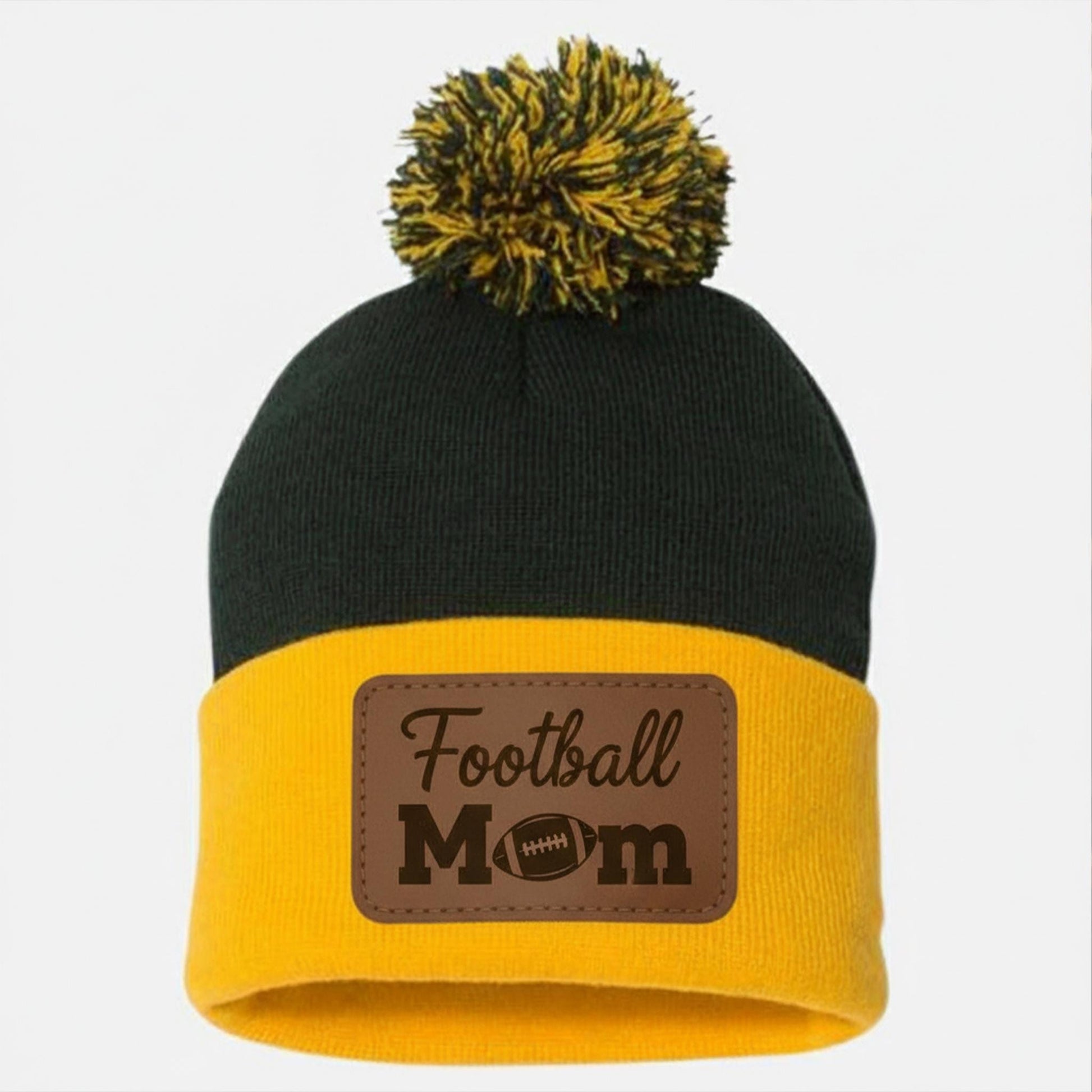 Football Mom Leather Patch Beanie: Custom Pom-Pom Hat, Sports Mom Gift image 1