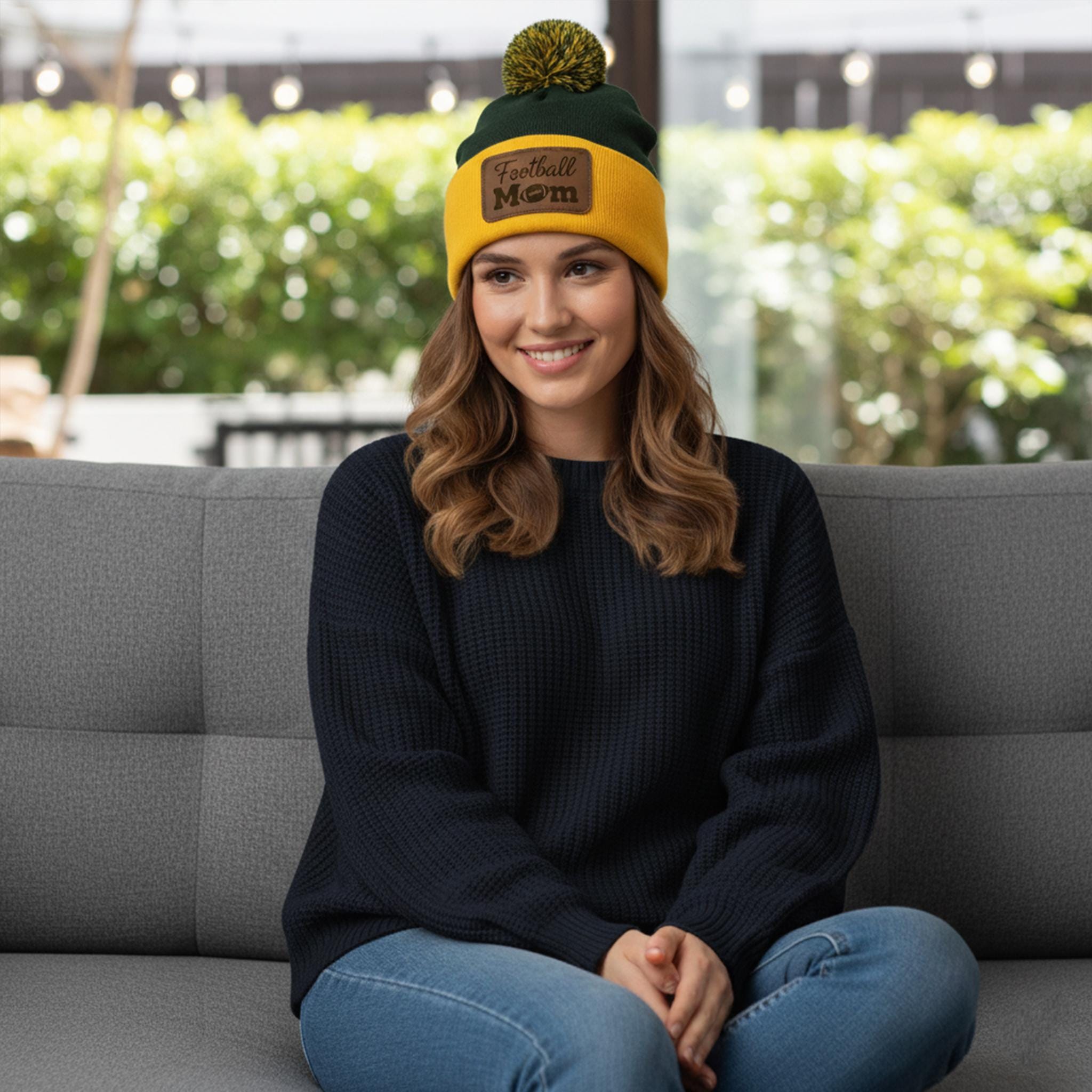 Football Mom Leather Patch Beanie: Custom Pom-Pom Hat, Sports Mom Gift image 2