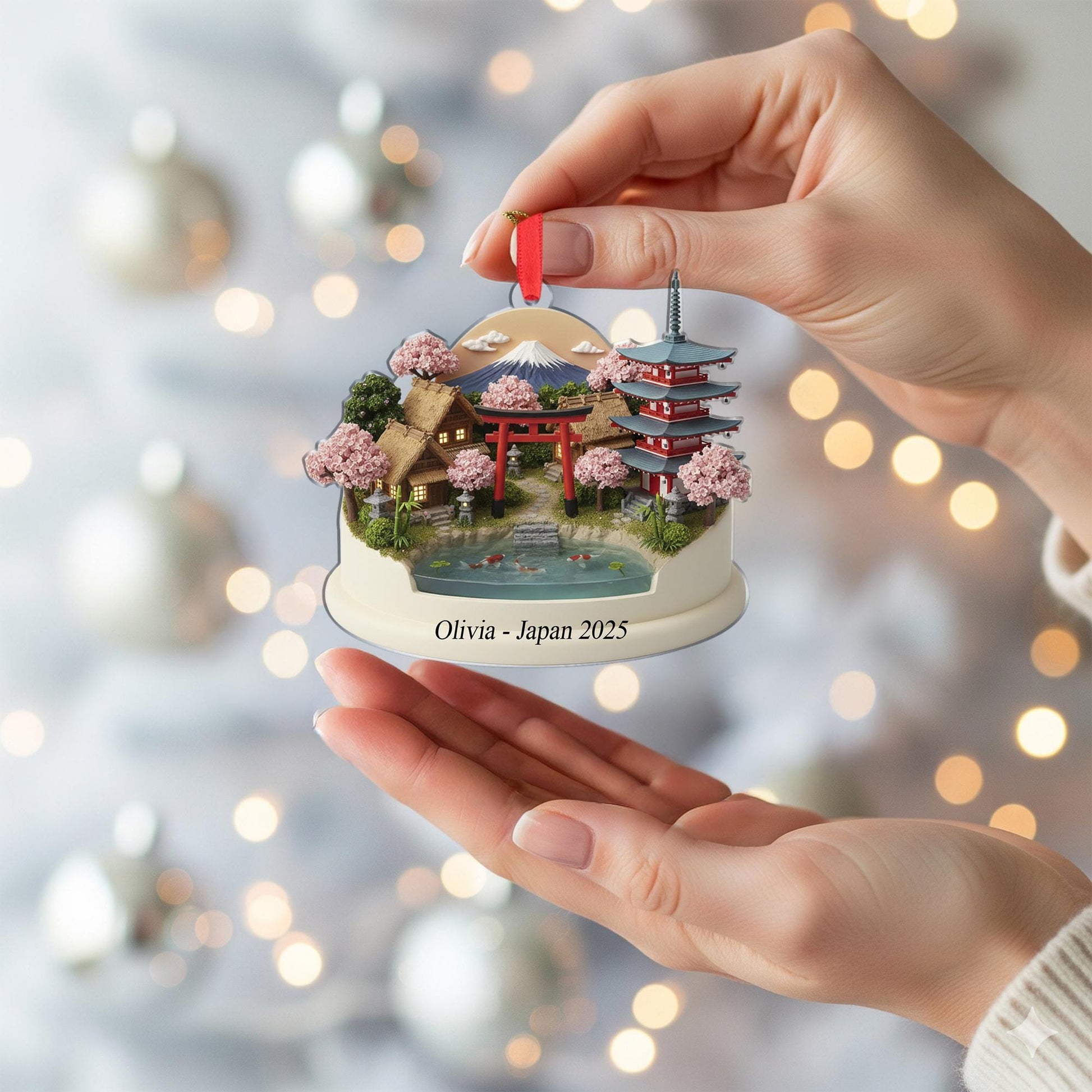 Japan Travel Ornament - Personalized Cherry Blossom Village Keepsake, Koi Pond Pagoda Christmas Decor image 3